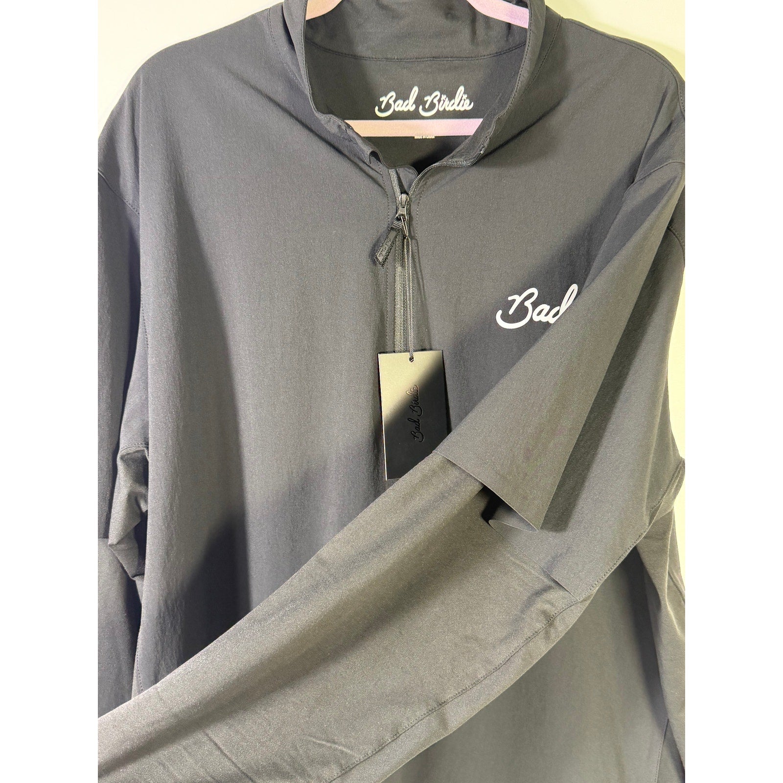 Black Bad Birdie Mechanism quarter zip pullover sweatshirt for men, size XL, featuring a sleek design and comfortable fit.