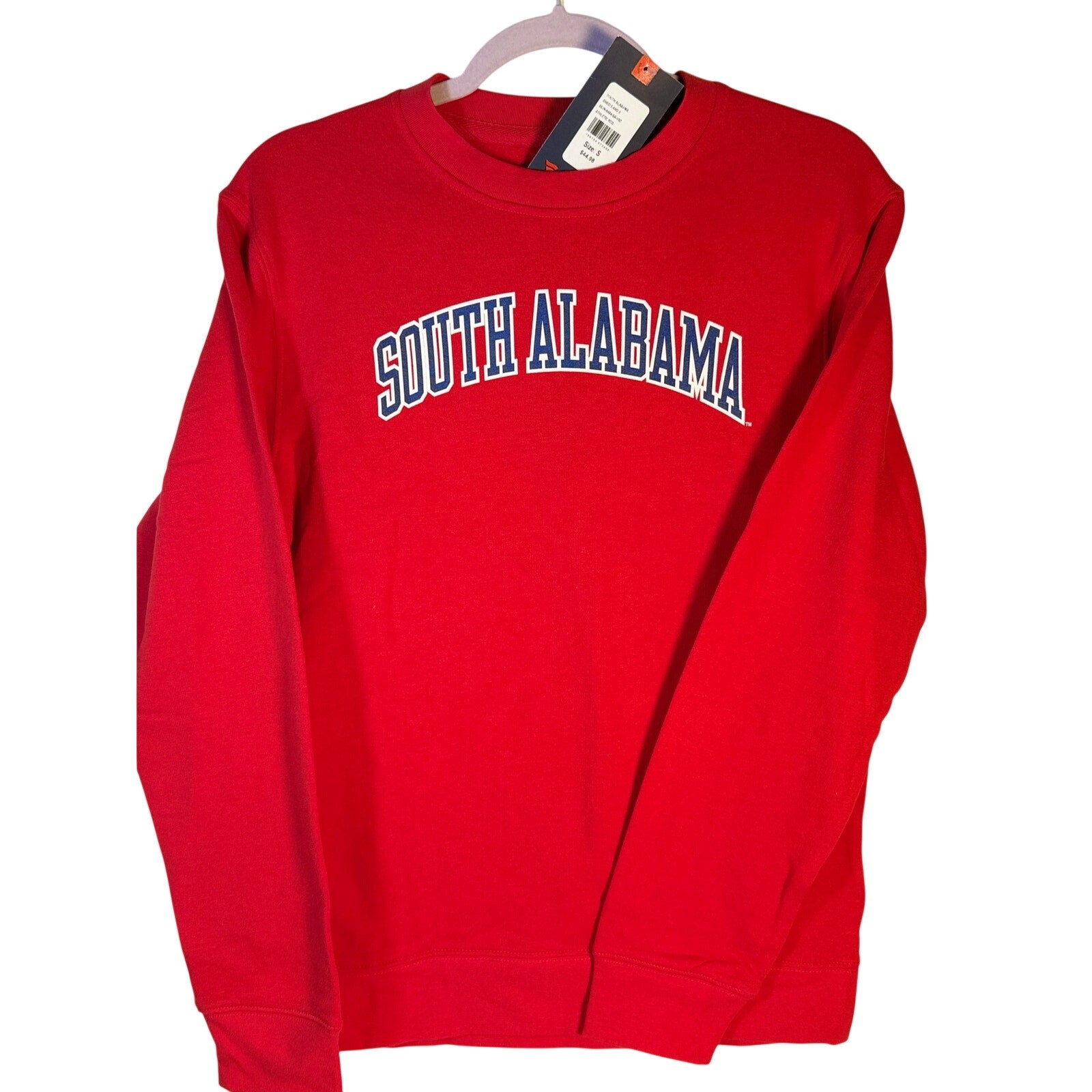 Men's red South Alabama Jaguars crewneck sweatshirt by LEAGUE, new with tags, showing the front design and team logo.