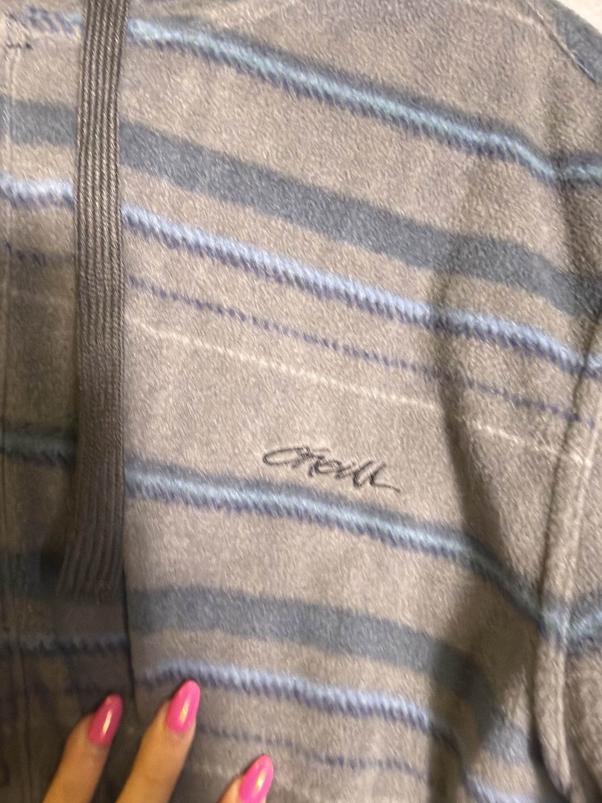 Men's O'Neill Canyons hooded superfleece shirt jacket in gray blue stripe, size XL, featuring a cozy fleece fabric and casual style.