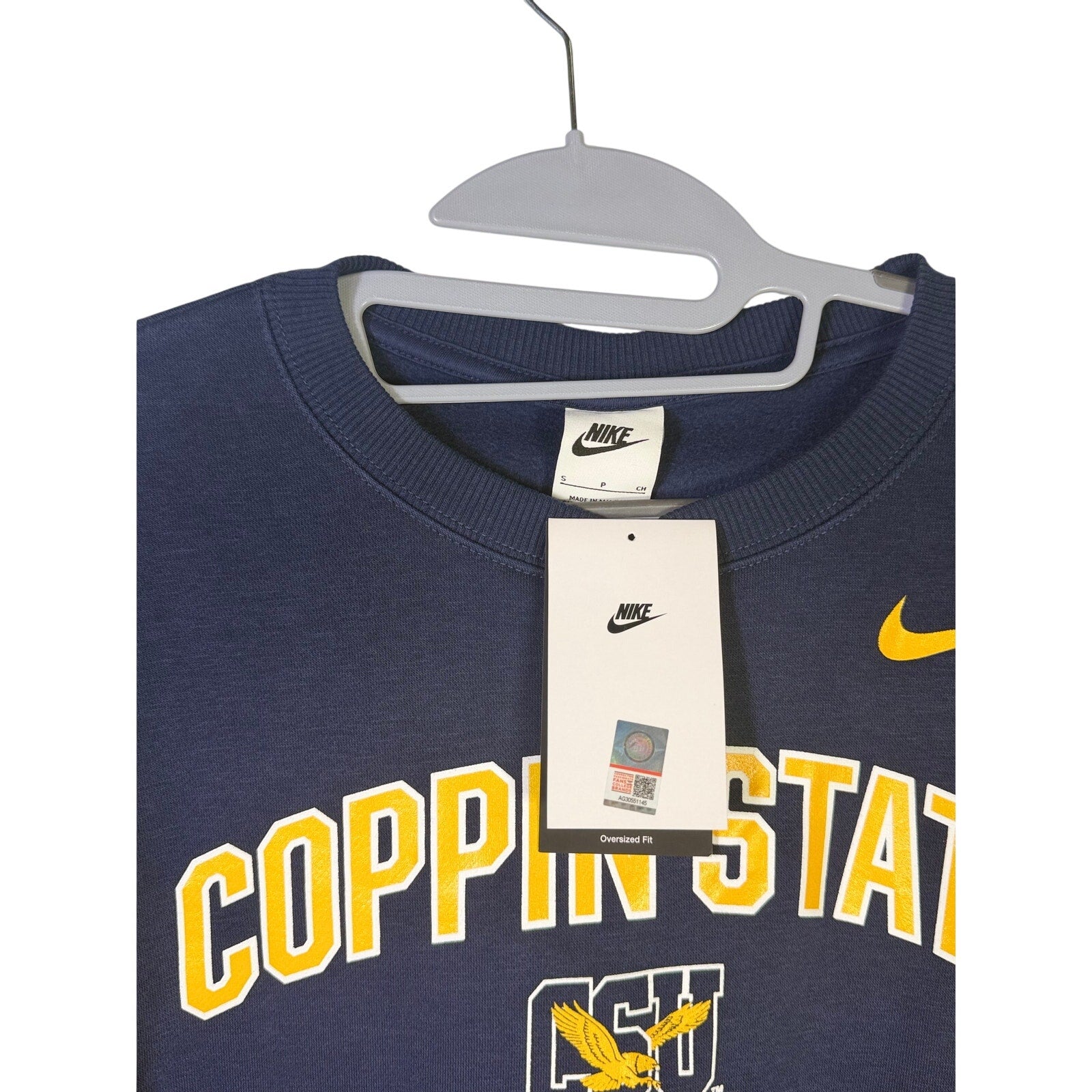 Nike women's Coppin State Eagles navy fleece crewneck sweatshirt, size small, featuring team logo and comfortable fabric.