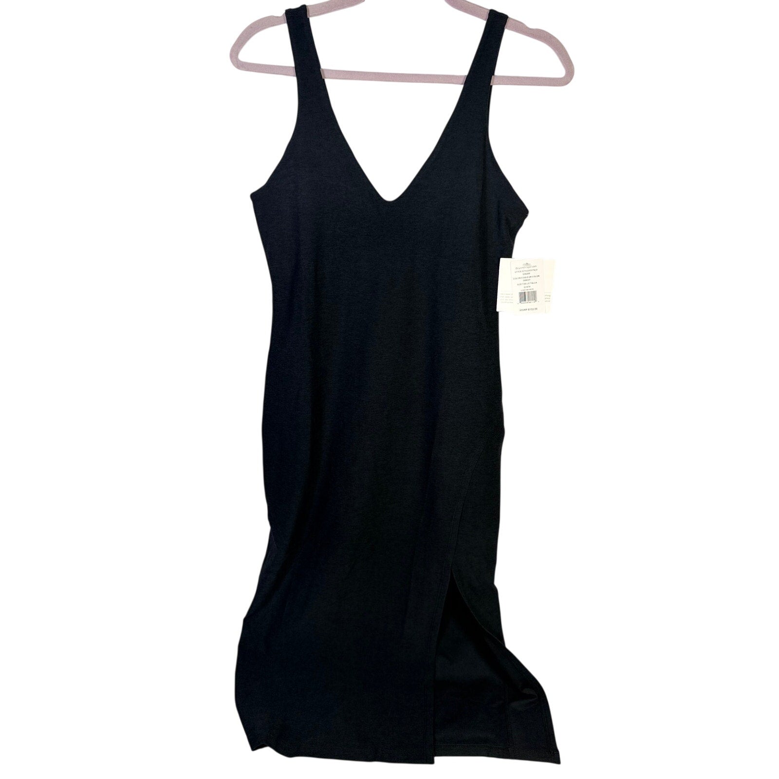 Beyond Yoga Spacedye Inspire Midi Dress for women, size medium, black, soft fabric with a relaxed fit and sleeveless design.