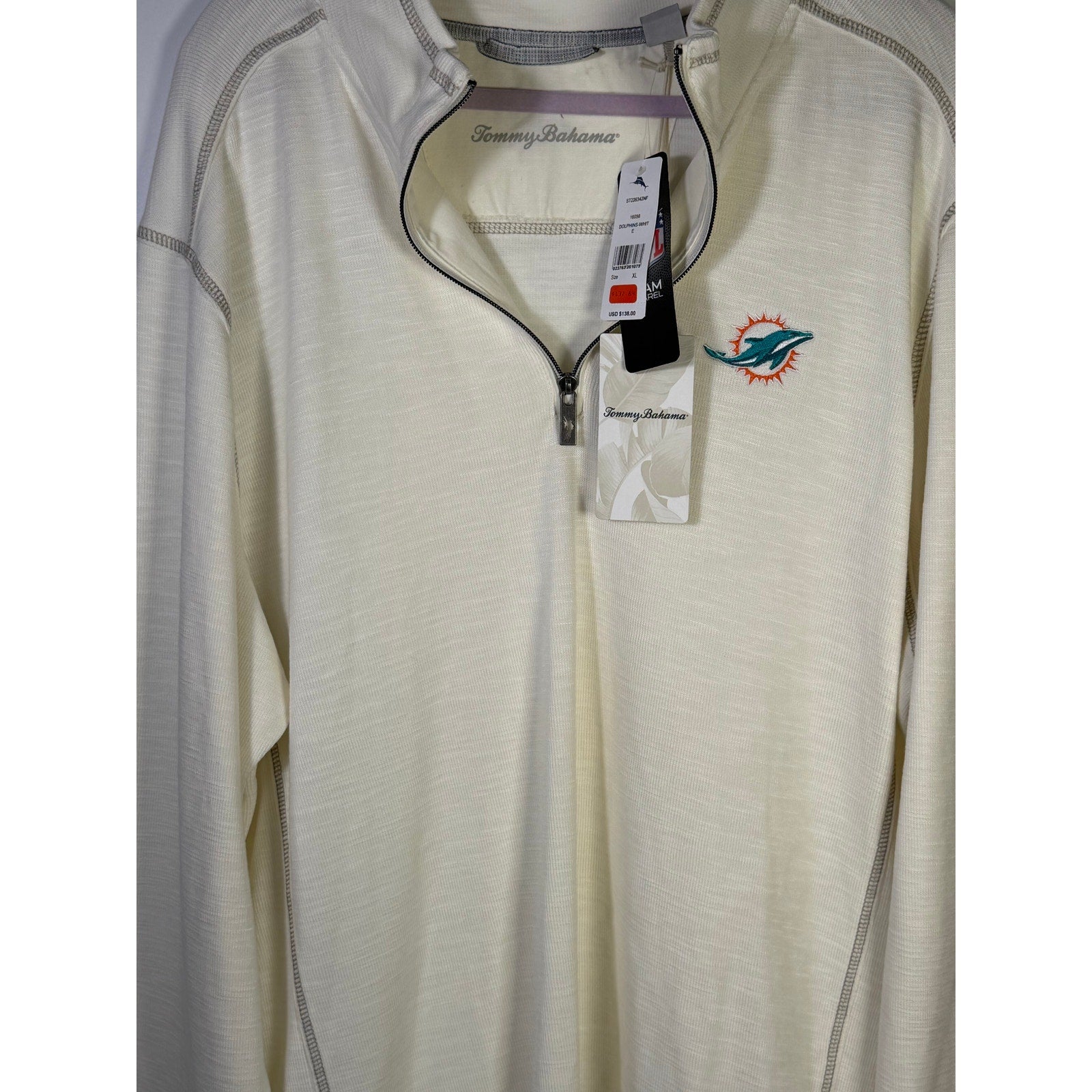 Tommy Bahama Miami Dolphins NFL Tobago Bay Half-Zip Sweatshirt for men, white, size XL, with Dolphins logo and quarter-zip front.