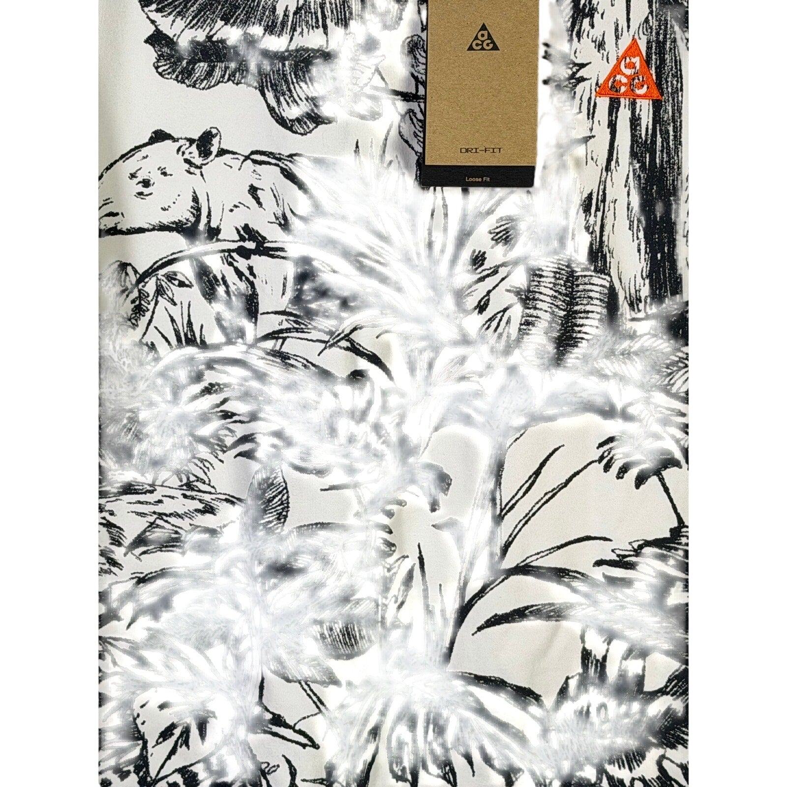 Nike ACG men's Jungle Animal Graphic Dri-FIT T-shirt in small size, featuring a vibrant jungle animal design on the front.