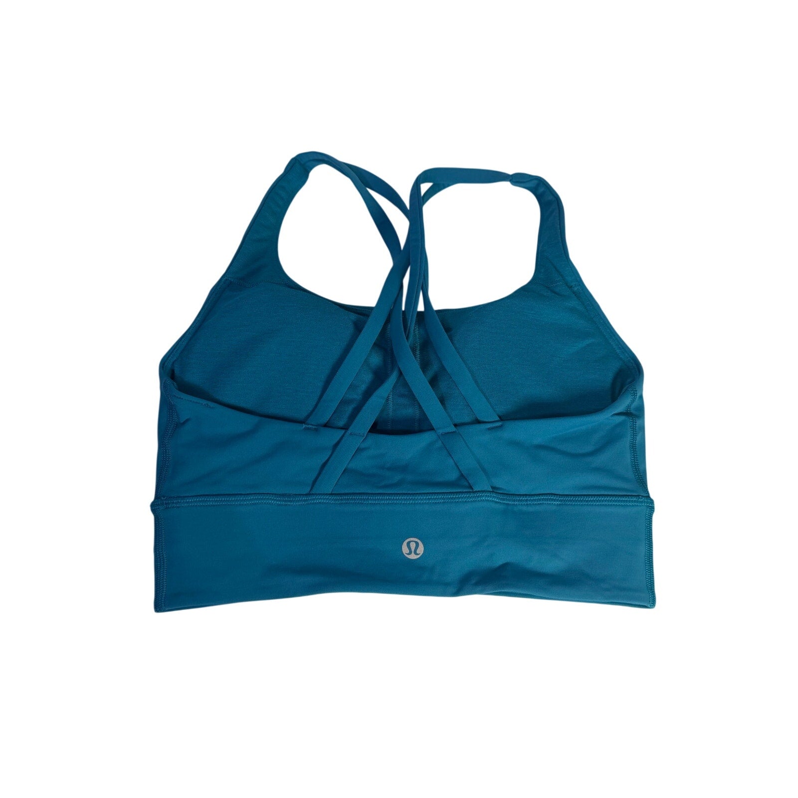 Lululemon women's teal blue strappy longline sports bra, size 4, with adjustable straps and supportive fit, shown on a mannequin.