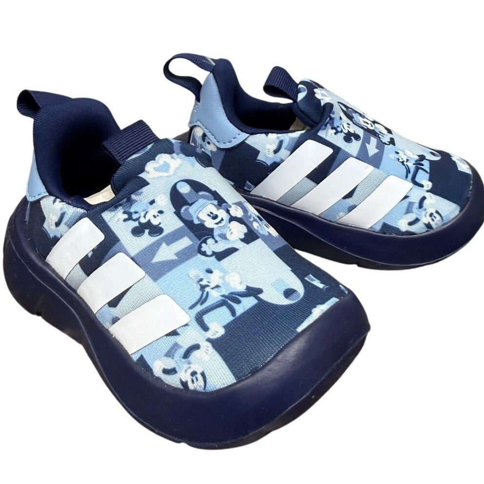 Adidas Mickey Mouse toddler running shoes with black and red design, featuring Disney character details and sporty style.
