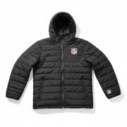 NFL Shield Black men's puffer jacket with full zip, hood, and retro logo, designed for warmth and sporty style.