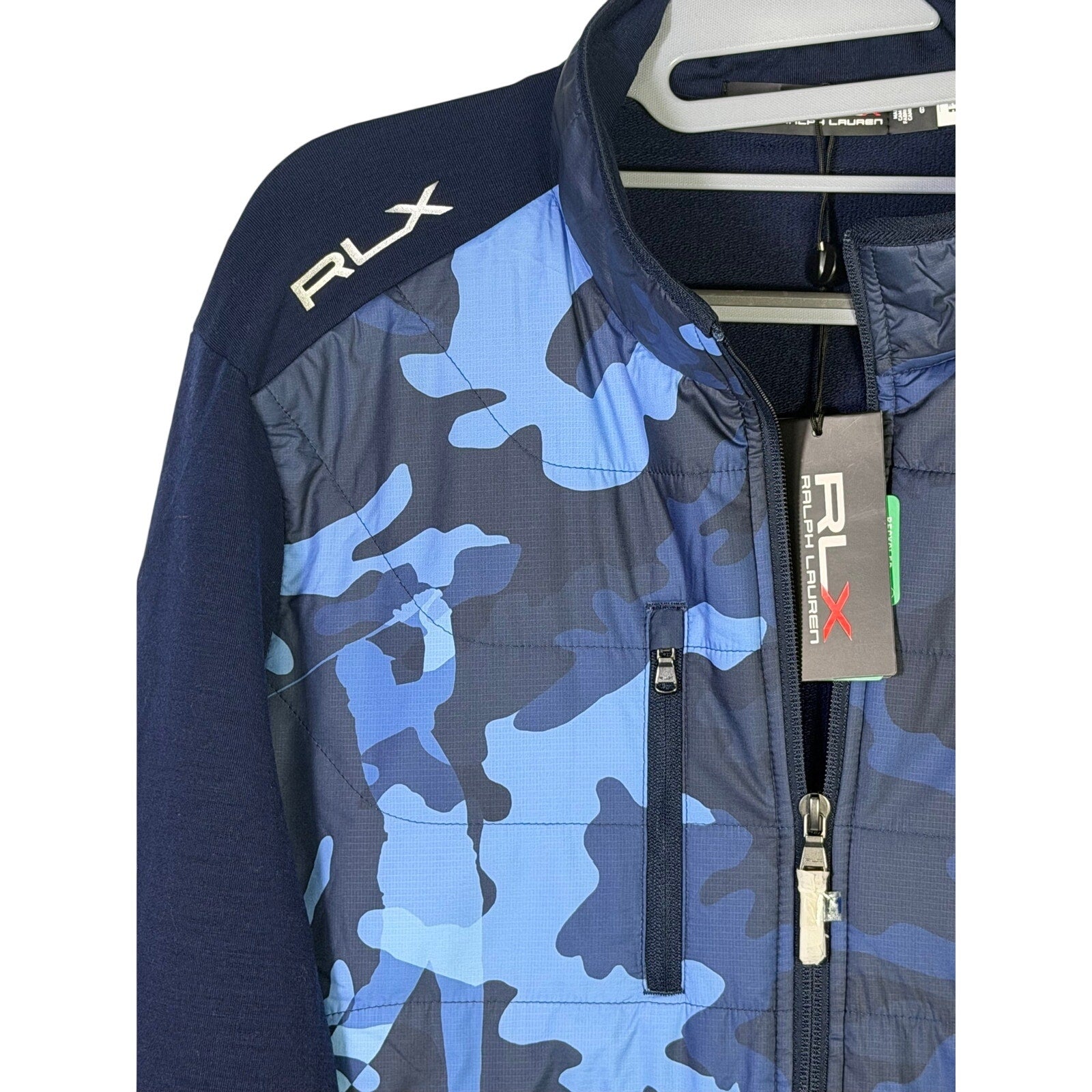 Polo Ralph Lauren RLX men's navy blue hybrid camo jacket, size L, full zip, lightweight outdoor jacket with camo accents