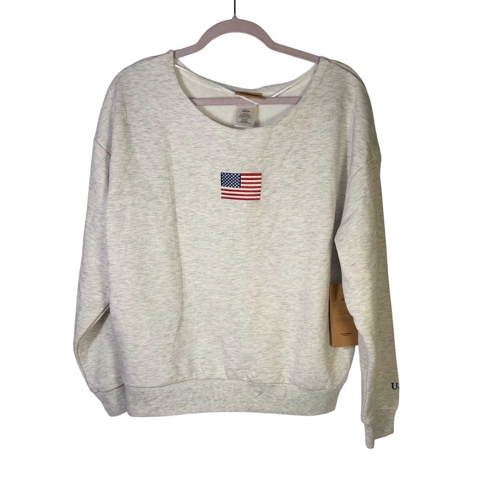 Kind Regard women's crewneck sweatshirt with American flag embroidery, size XS, casual American-themed fashion.