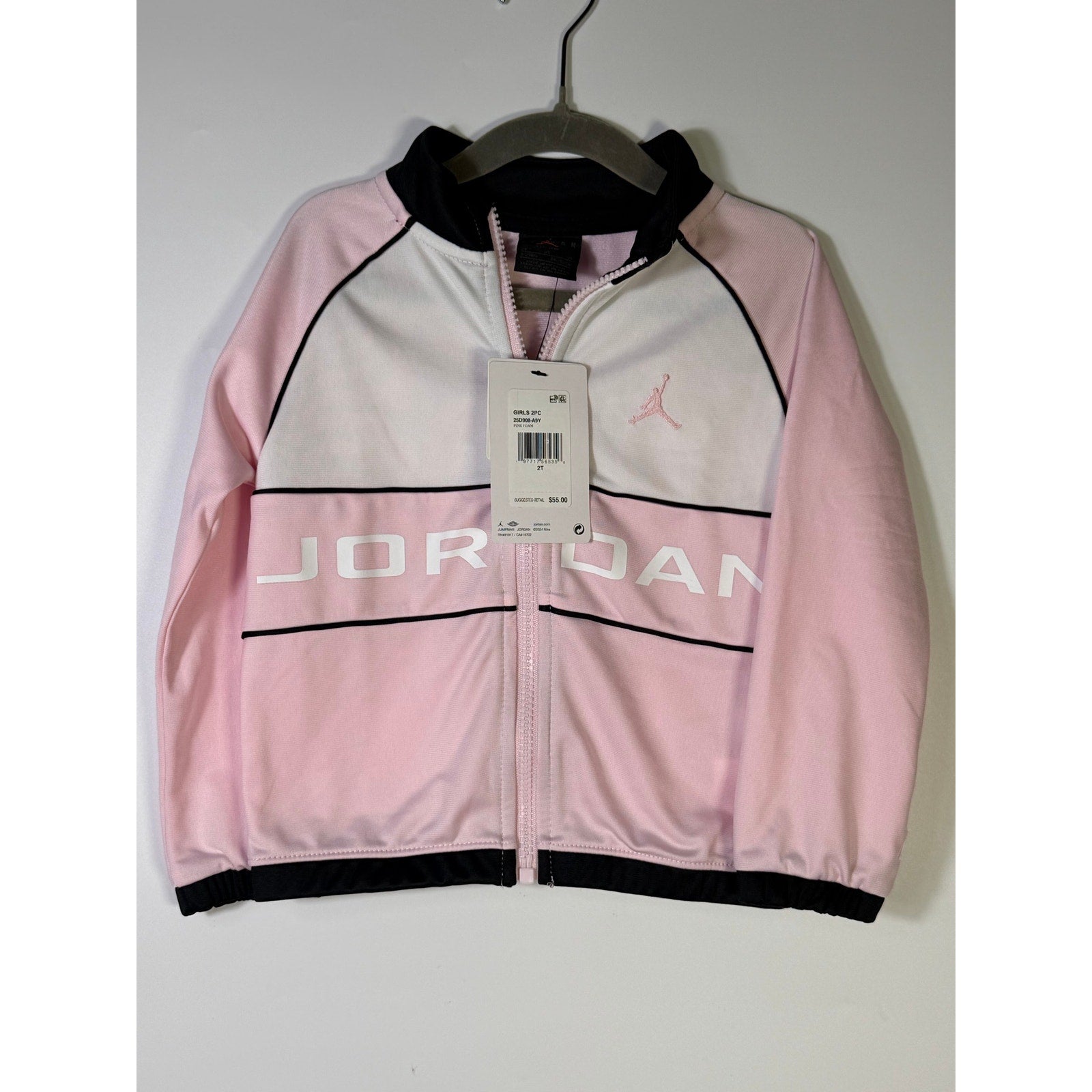 Jordan toddler girls pink and black 2-piece track jacket and pants set, size 2T, new with tags.