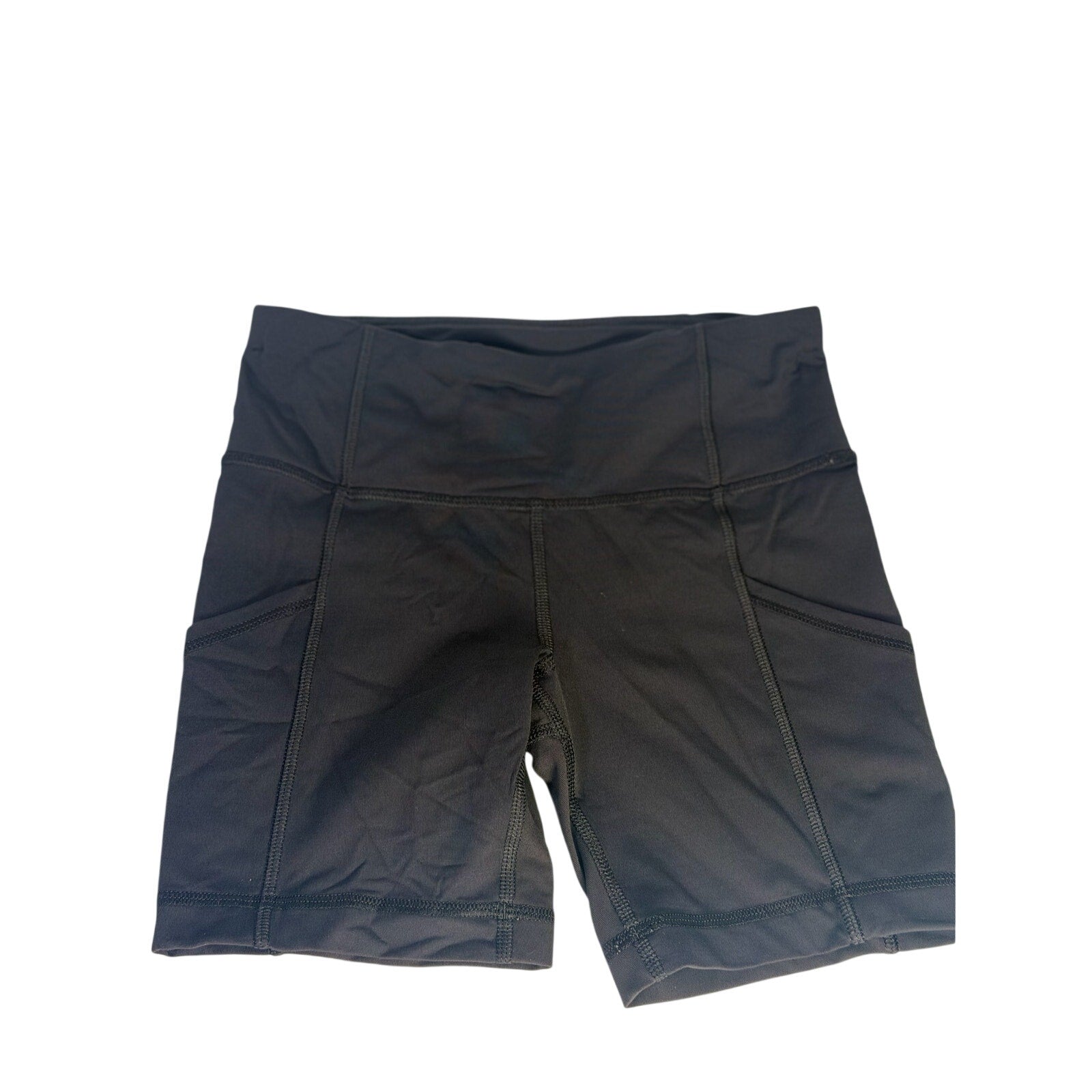 Lululemon women’s high-rise black biker shorts with pockets, size 2, made from stretchy athletic fabric.