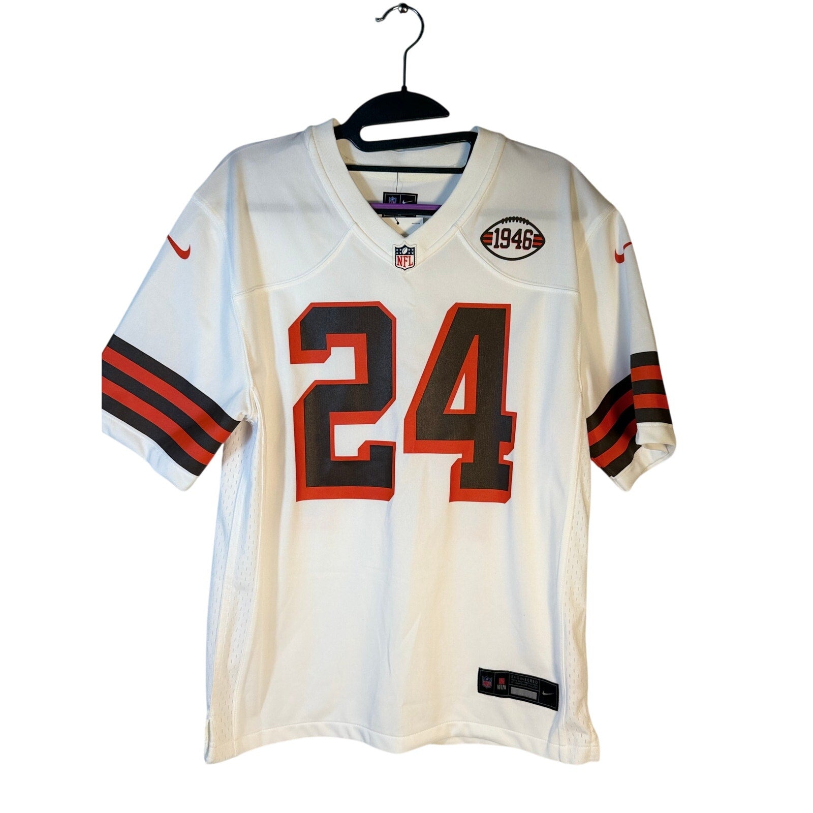 Nike Cleveland Browns #24 NFL youth game jersey in white, size large (14-16), featuring team logo and player number.