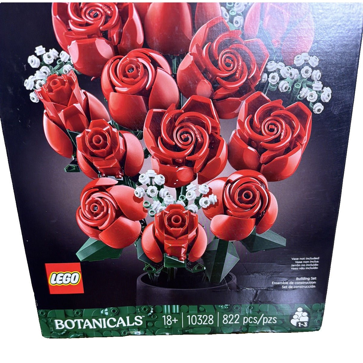 LEGO Botanicals Bouquet of Roses 10328 building set with 822 pieces, featuring detailed rose and flower LEGO model.