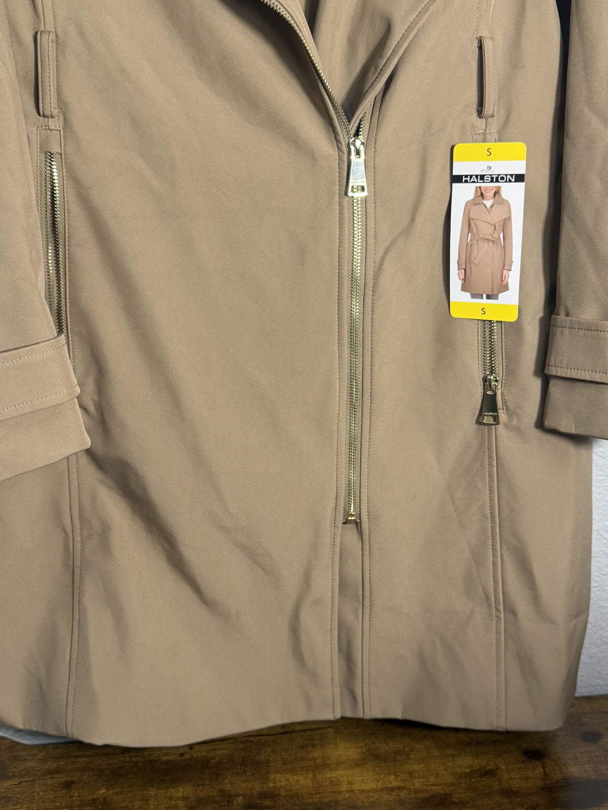 Halston women's camel soft shell coat with asymmetric zip and knit collar bib, size small, stylish jacket for cold weather.