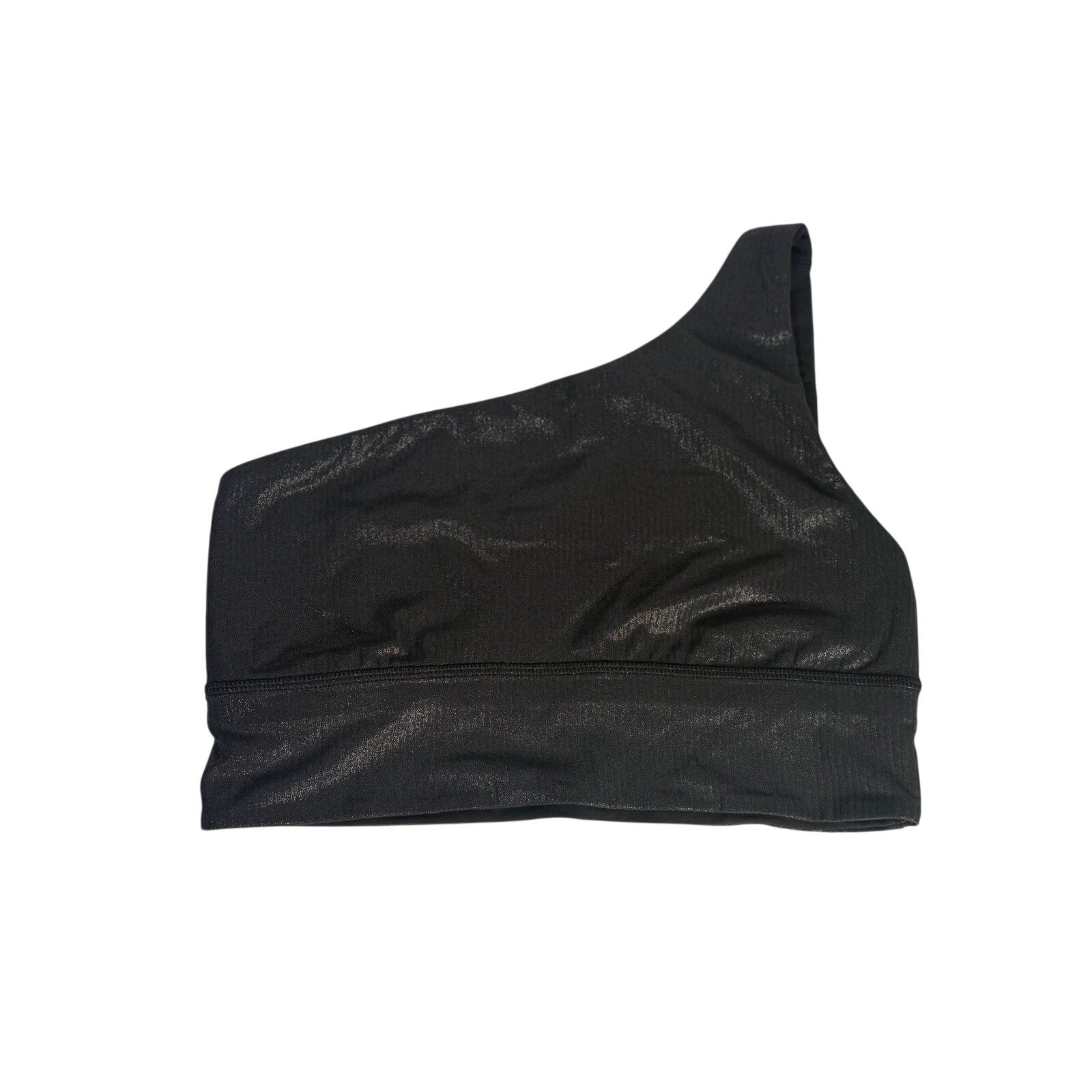 Lululemon women's black one-shoulder foil sports bra, size 8, with sleek design and supportive fit for active wear.