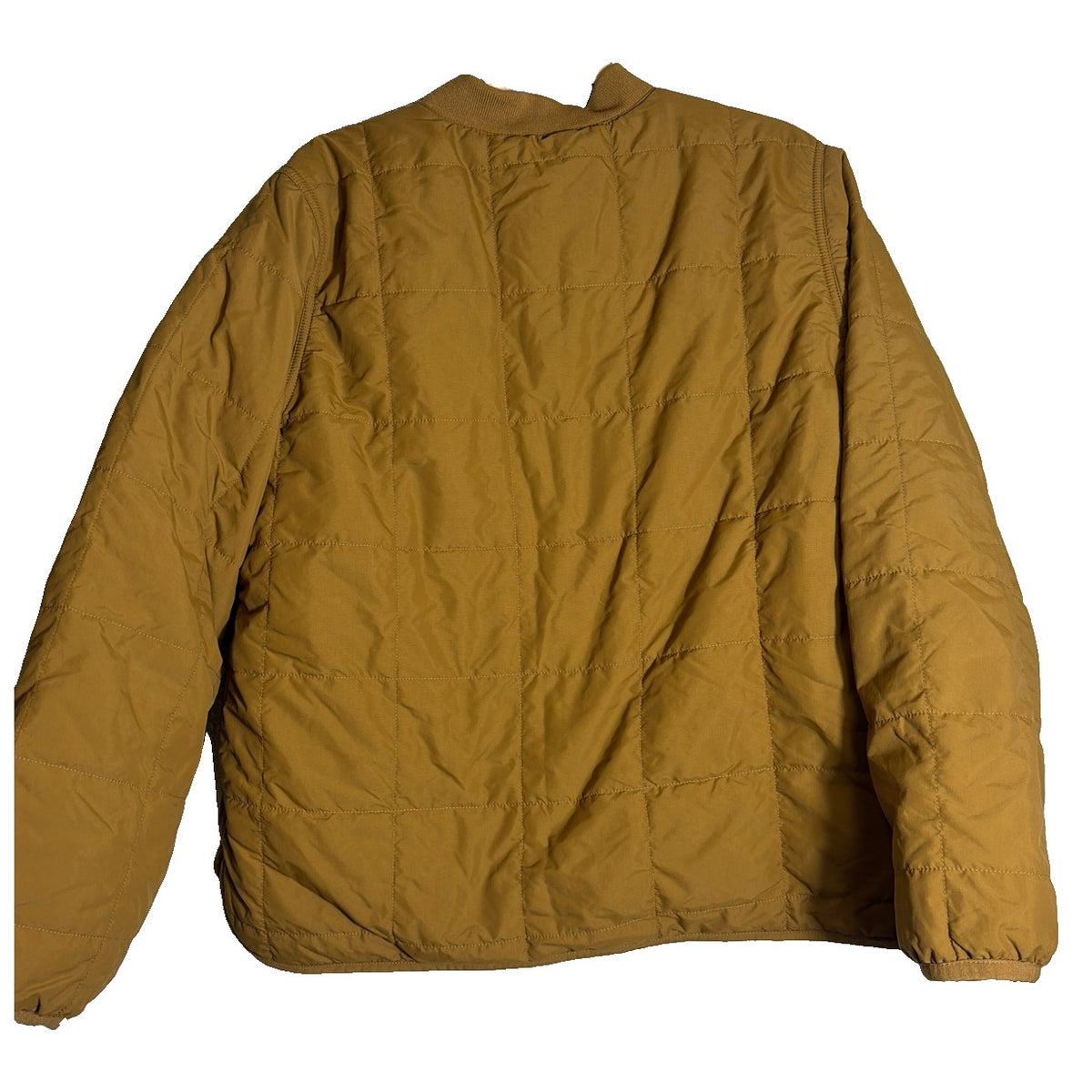 Carhartt Women's Brown Rain Defender quilted sherpa-lined loose fit jacket, size L, showing front view with quilted interior and hood.