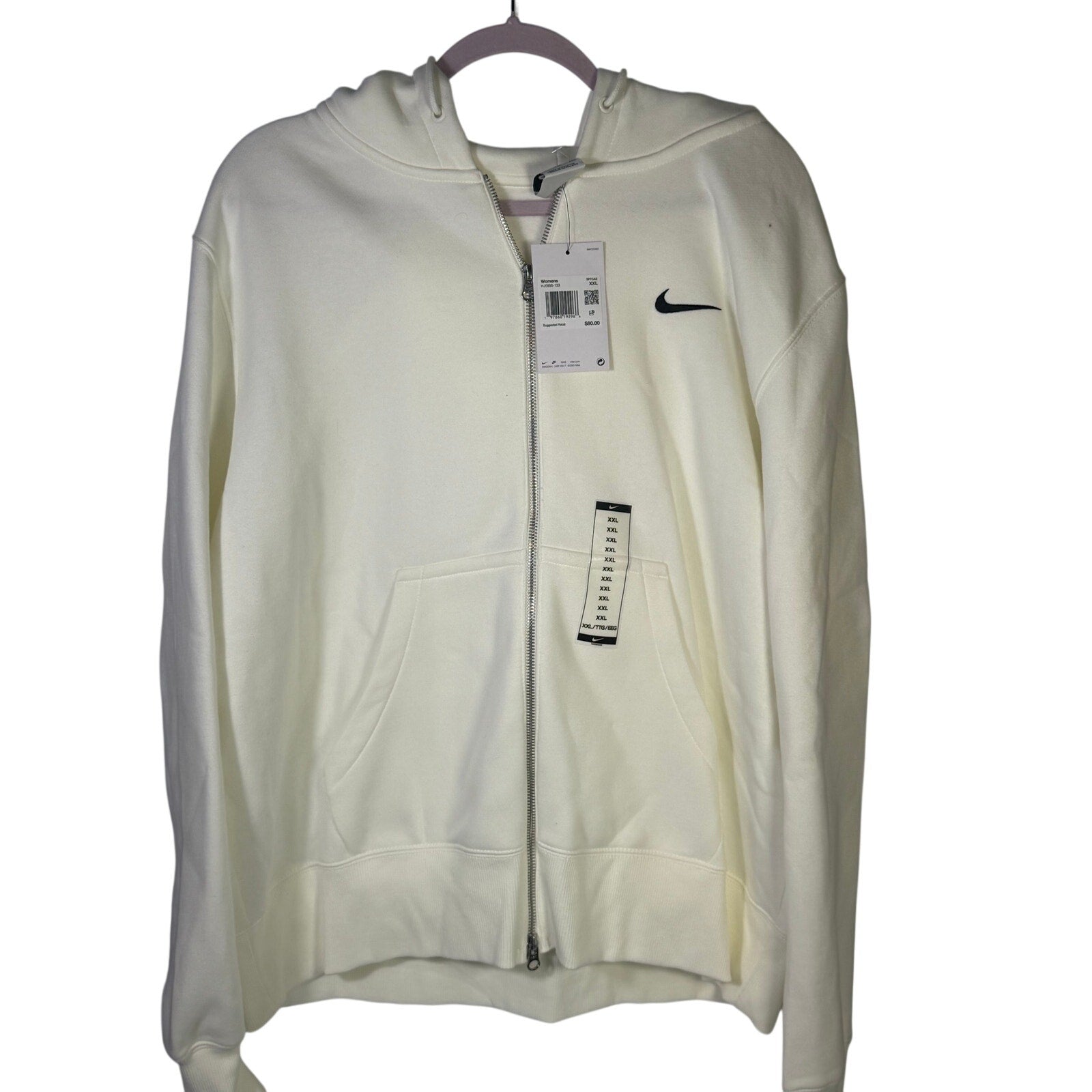 Nike Sportswear women's full-zip hoodie in cream ivory, size XXL with Nike Swoosh logo, front view showing the hoodie details.