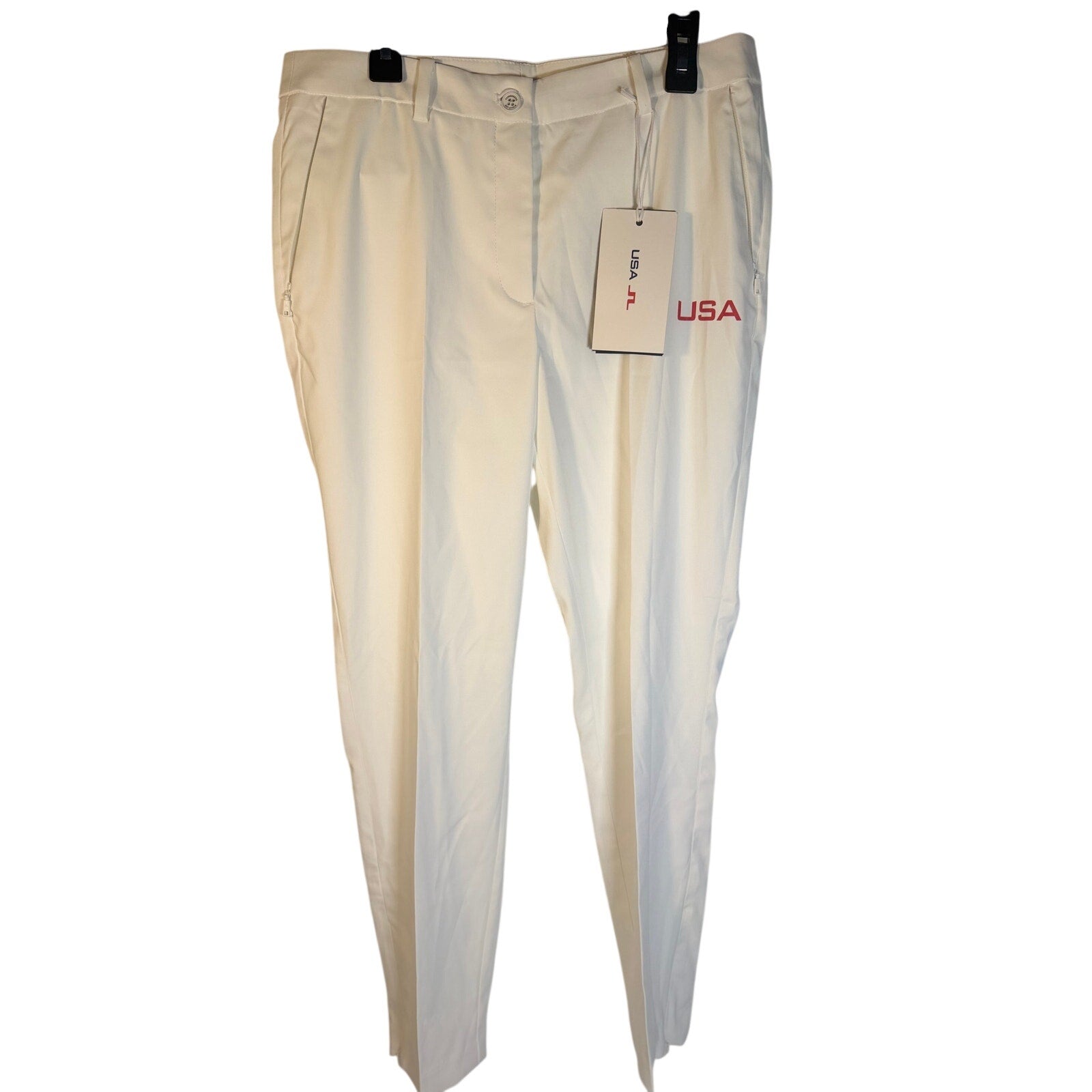 Men's white J.Lindeberg golf pants, size 28, new with tags, featuring a tailored fit and classic style.