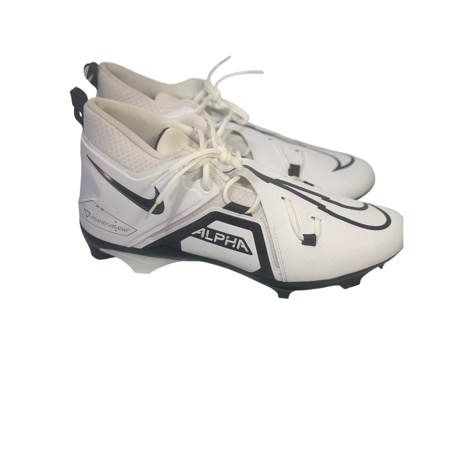 Nike Alpha men's football cleats in white and black, size 17, featuring durable design and athletic style for game performance.