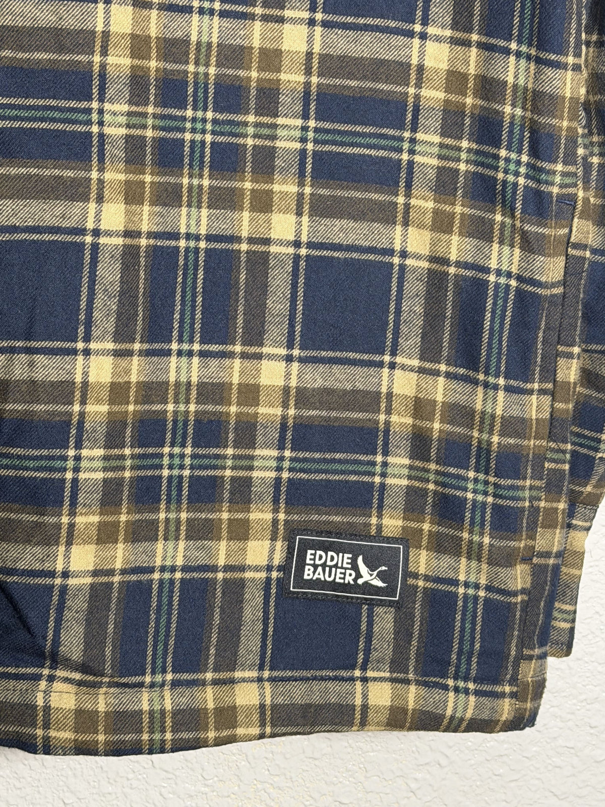 Eddie Bauer men's hooded flannel shirt jacket in navy and tan plaid with quilted lining, small size, hanging on a hanger.