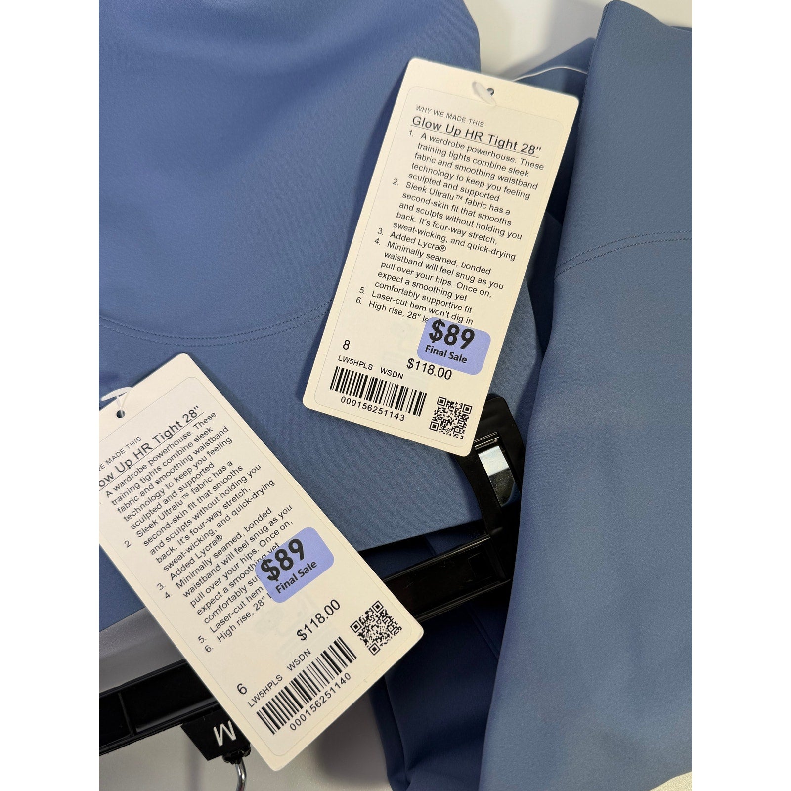 Lululemon Glow Up high-rise denim leggings in washed denim, size 8, showing the fit and texture of the 28-inch length.