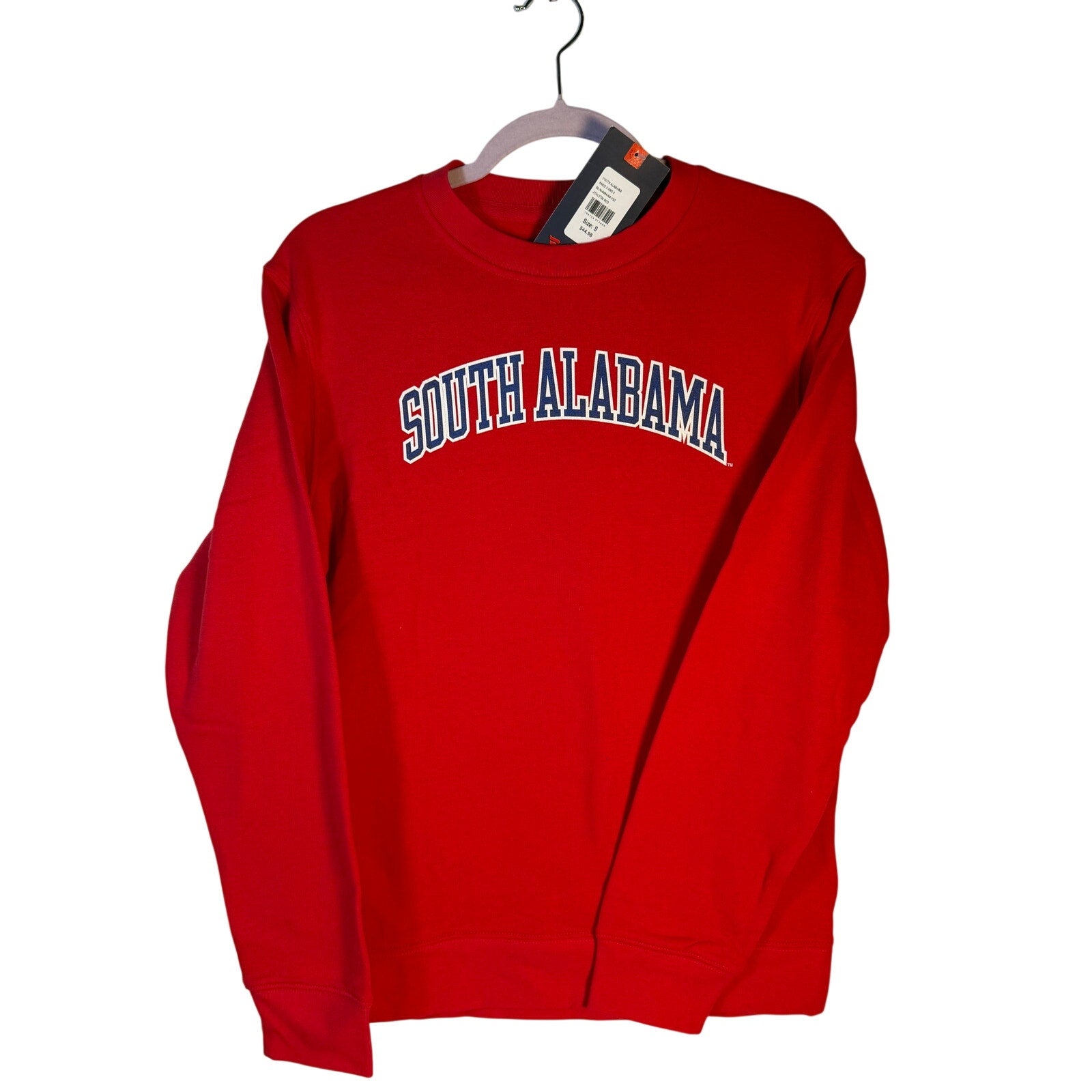 Men's red South Alabama Jaguars crewneck sweatshirt by LEAGUE, new with tags, featuring team logo on front.