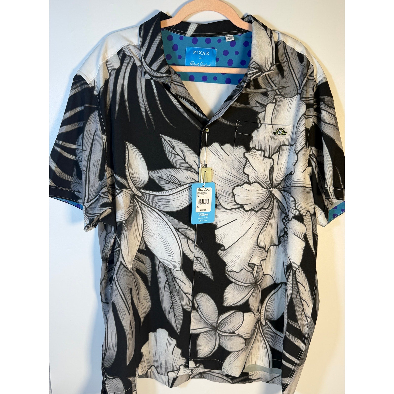 Robert Graham x Disney Pixar Hello Boys Hawaiian shirt in black with colorful floral pattern, 3XL casual shirt.