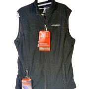 ActionHeat men's black rechargeable heated fleece vest size L with 5V power bank, shown on a hanger.