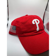 Red adjustable strapback hat by 47 featuring Philadelphia Phillies logo and USA flag design, one size fits most.
