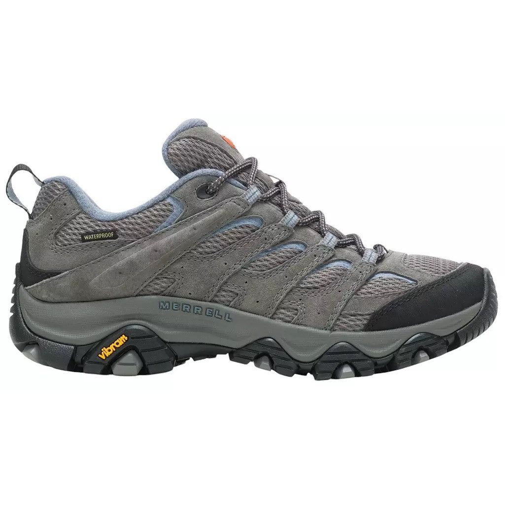 Merrell Moab 3 women's hiking sneakers in blue, gray, and black, size 8, with sturdy design and textured outsole.