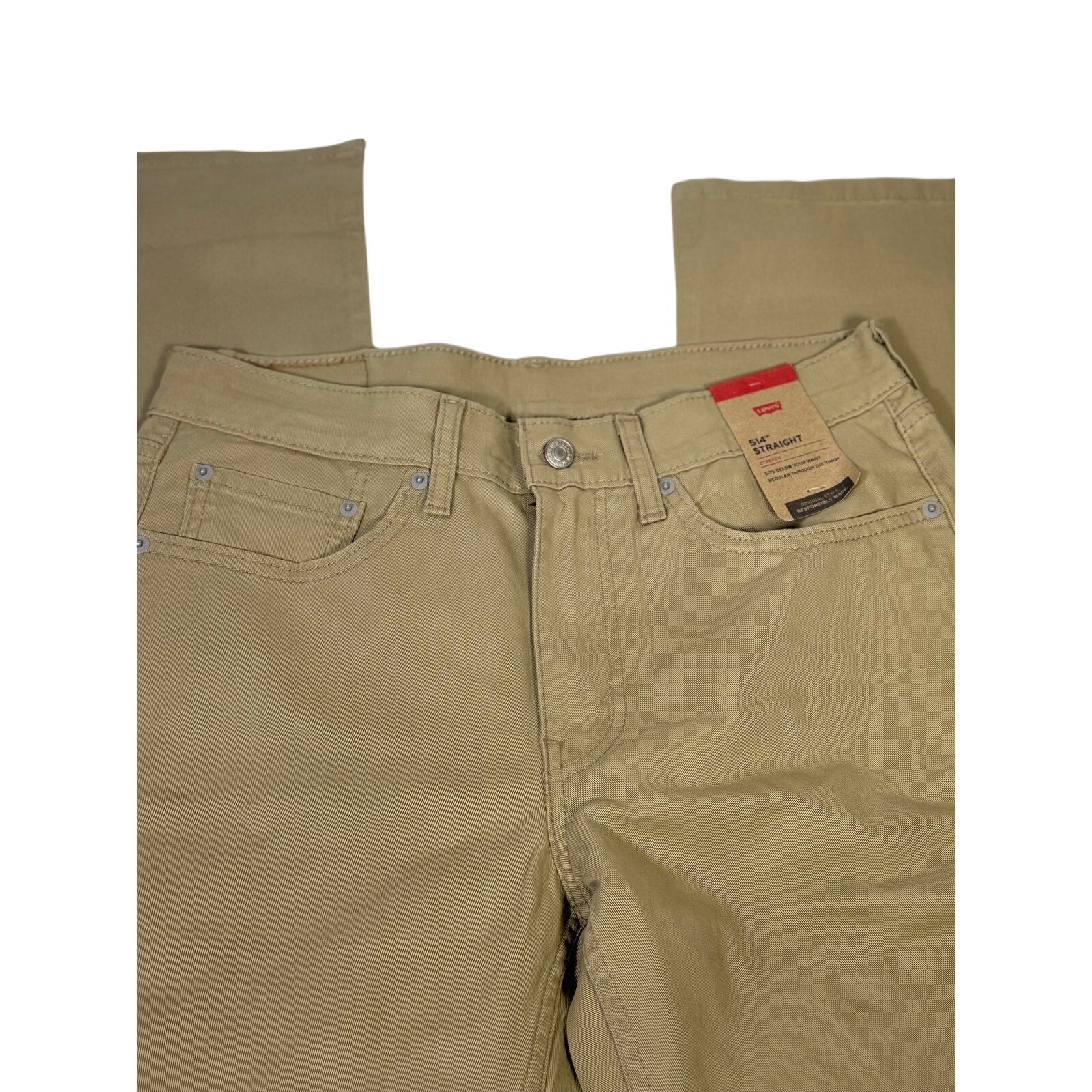Levi's 514 men's straight fit stretch khaki pants in size 32x30, showing the front view of the classic khaki denim pants.