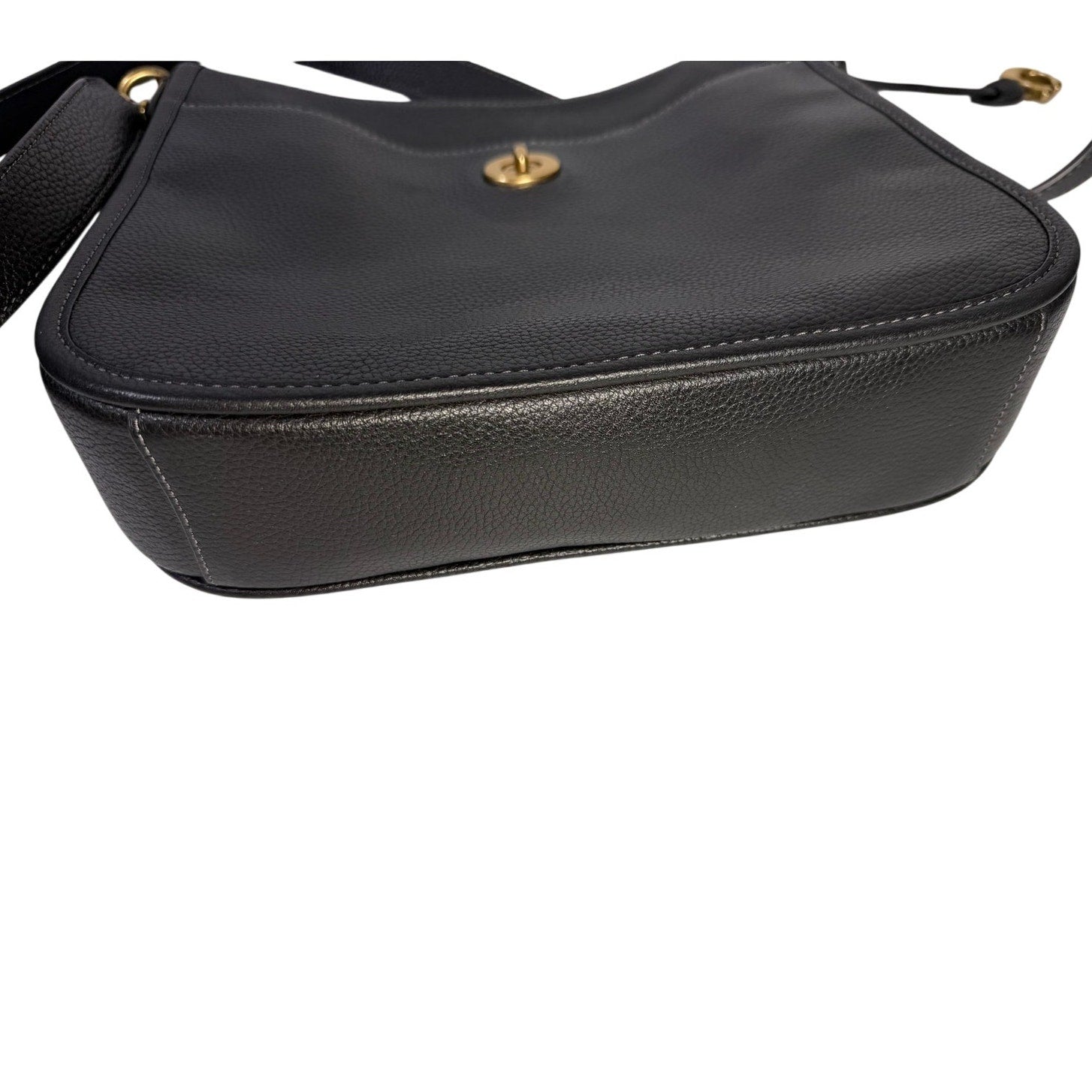 Coach women's black pebbled leather crossbody handbag with gold-tone hardware and adjustable shoulder strap.