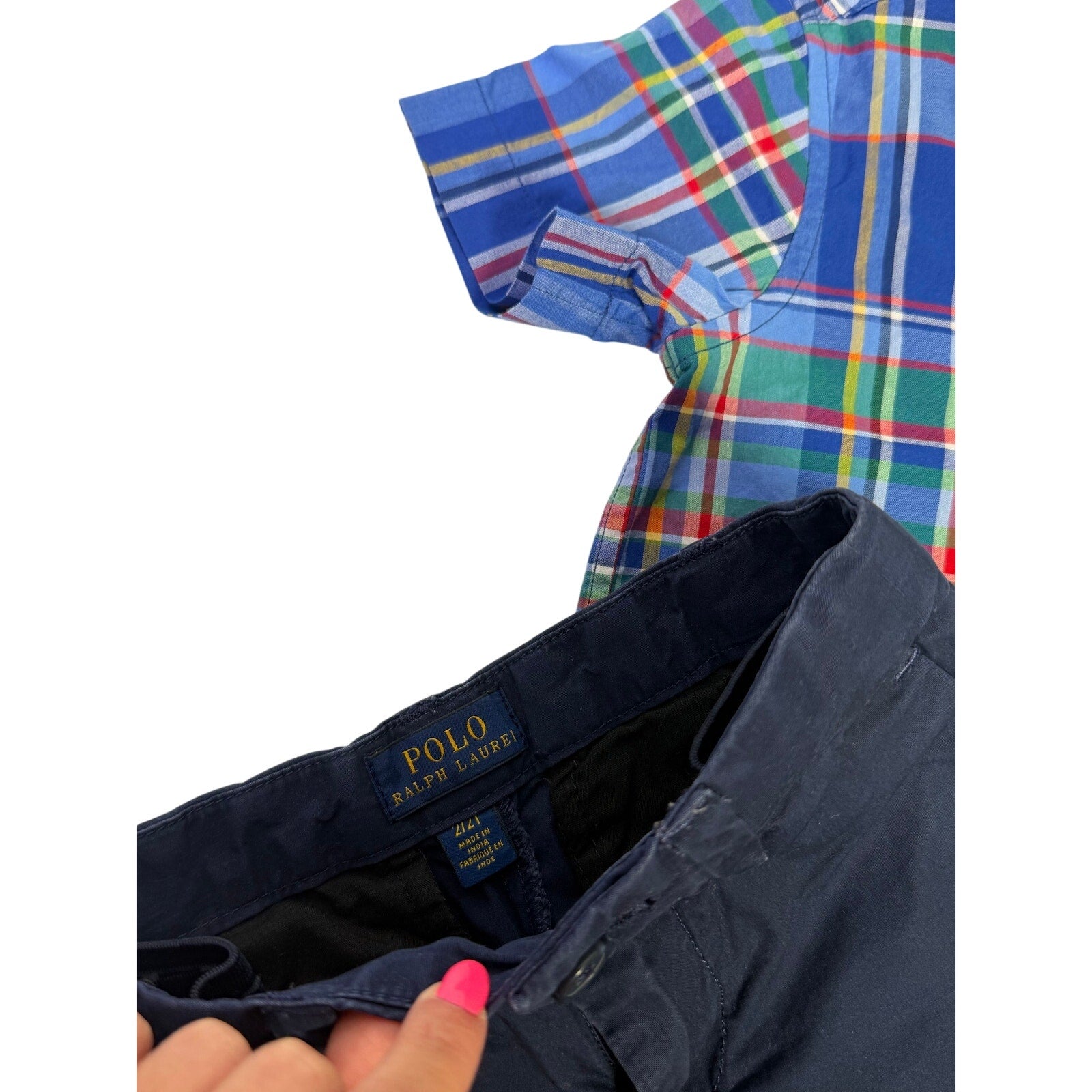 Ralph Lauren boys' outfit with a navy plaid polo shirt and size 4T chino shorts, casual clothing for toddlers.