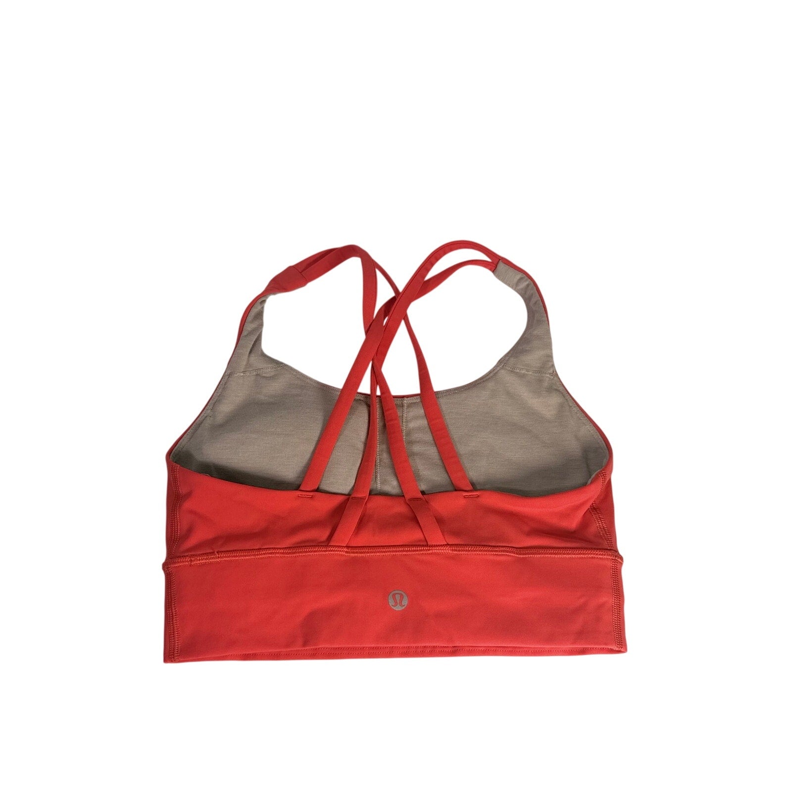Lululemon women’s coral red strappy longline sports bra with adjustable straps and supportive design, size 4.