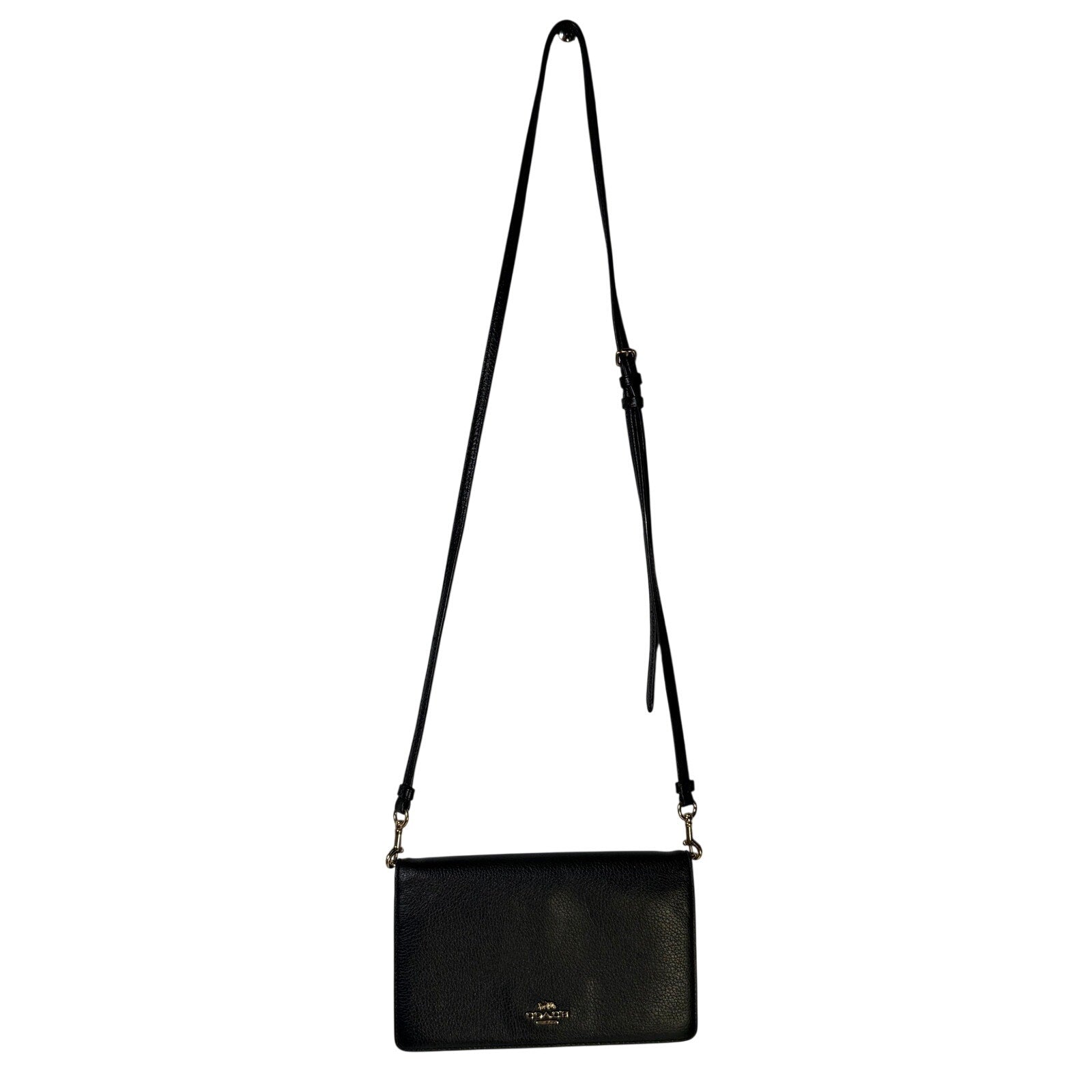 Black leather Coach women's foldover crossbody wallet bag with adjustable strap, featuring a compact handbag design.