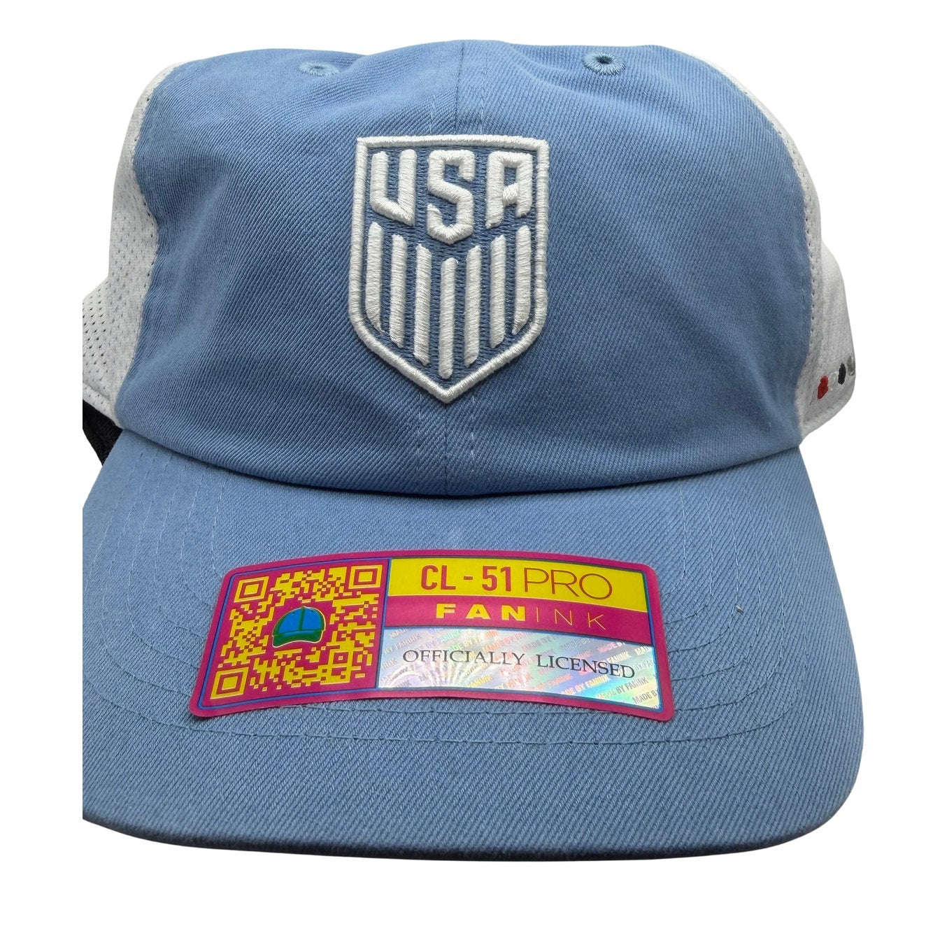 Fan Ink USA Soccer Fan Ink CL-51 blue and white adjustable trucker hat with mesh back and front logo, one size fits most.