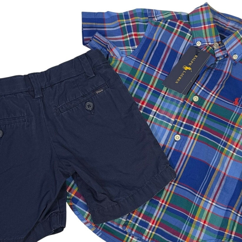 Ralph Lauren boys plaid shirt in navy and chino shorts in size 4T, casual clothing outfit set for kids.