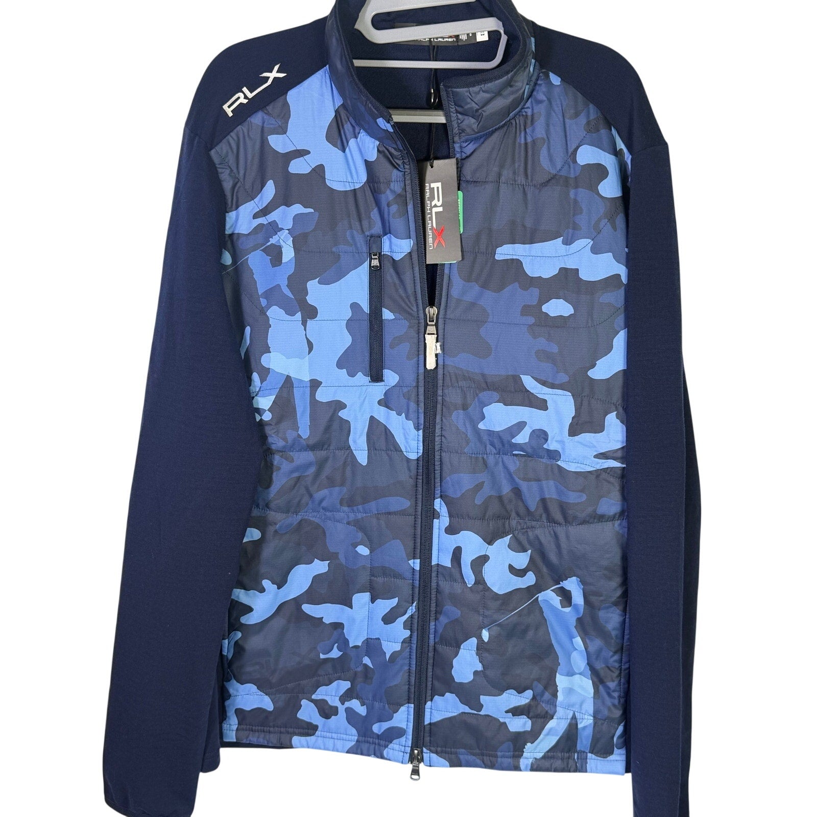 Polo Ralph Lauren RLX men's navy blue hybrid camo jacket, full zip, size L, with a sporty design and zippered pockets.