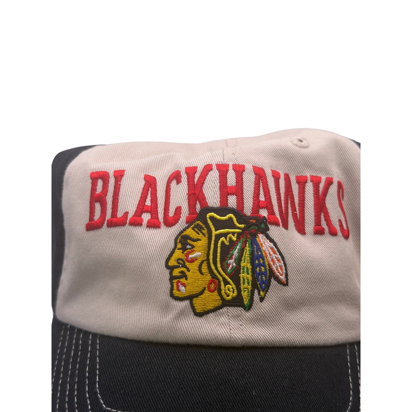 ’47 Chicago Blackhawks beige and black adjustable hat, one size fits most, sports team logo on front.