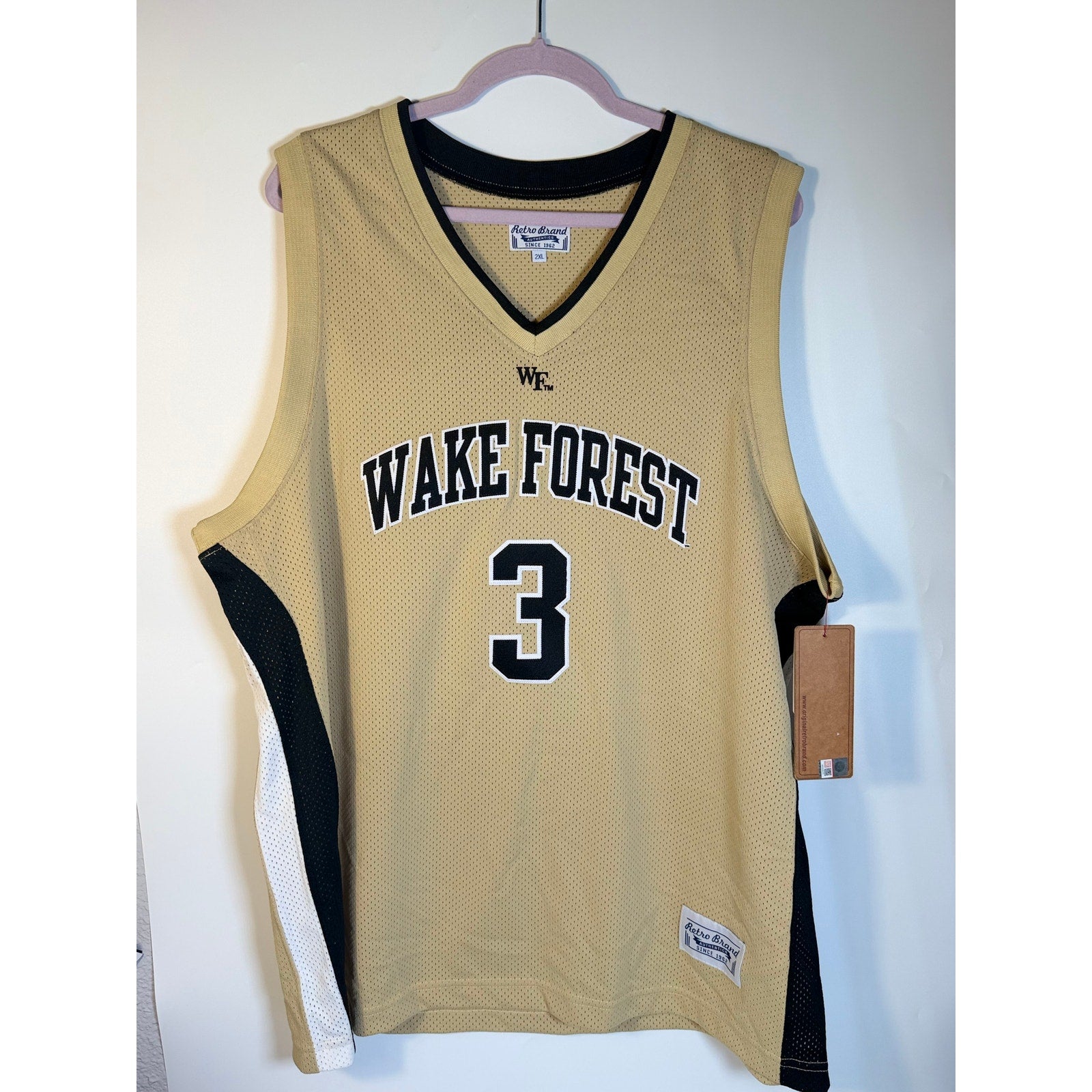 Retro Brand Wake Forest #3 basketball jersey in Vegas Gold for men, 2XL size, new with tags, front view.
