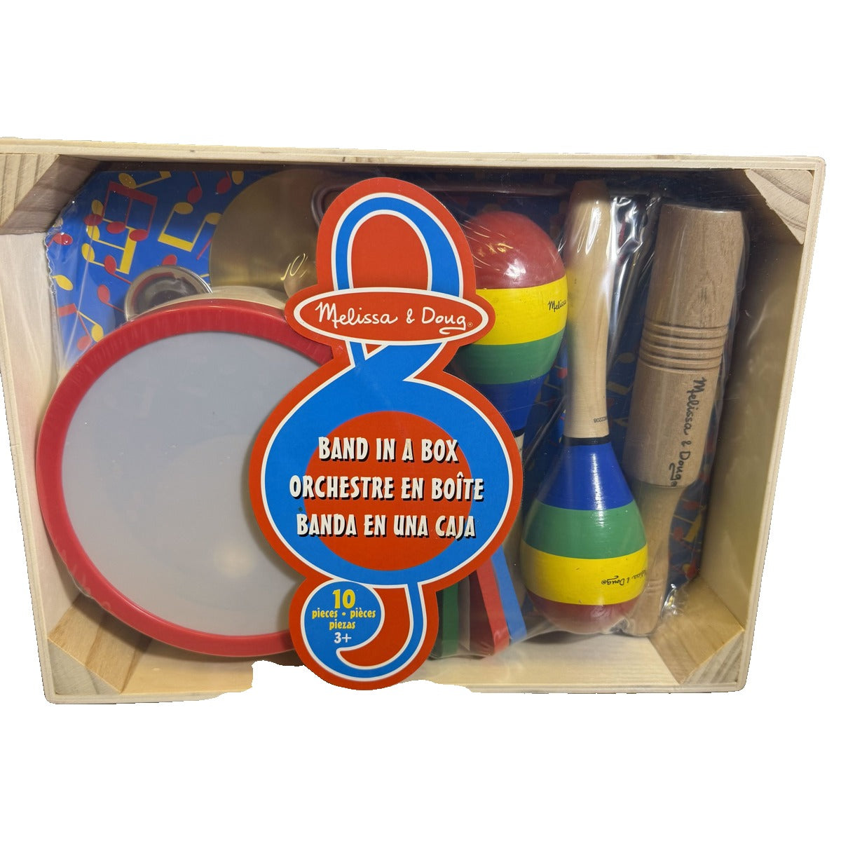 Melissa & Doug Band in a Box wooden musical instrument set with tambourine, maracas, and cymbals for kids' toys.
