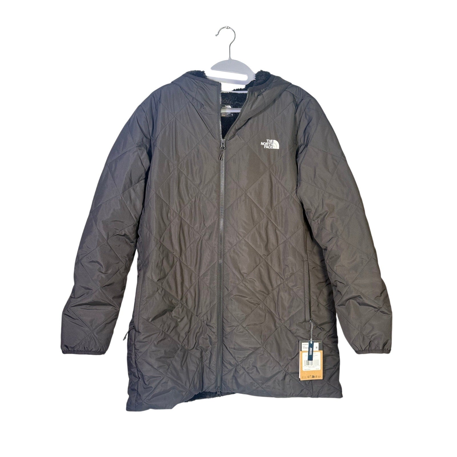 The North Face Women’s Shady Glade insulated parka in black, size XL, showing the front view with hood and quilted design.