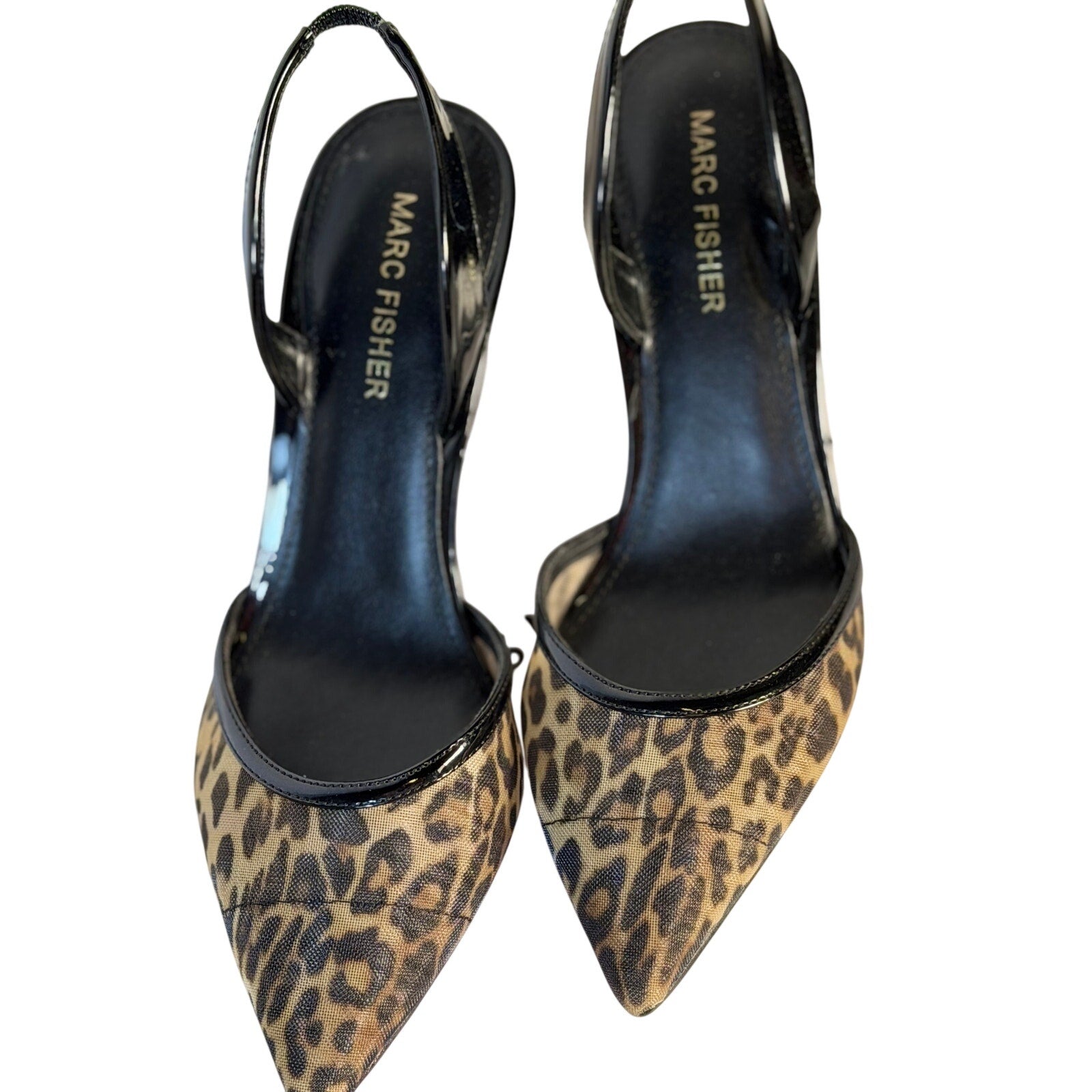Marc Fisher Hadya leopard print slingback pumps for women, US 6M, pointed toe, stylish and comfortable for everyday wear.