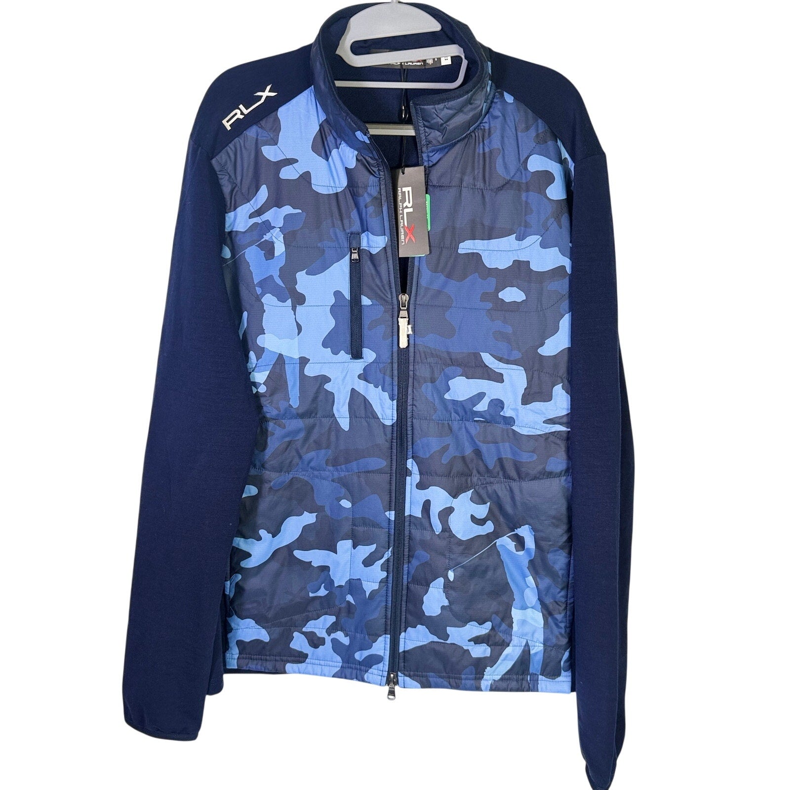 Polo Ralph Lauren RLX men's navy blue hybrid camo jacket, full zip, size L, lightweight outdoor jacket.