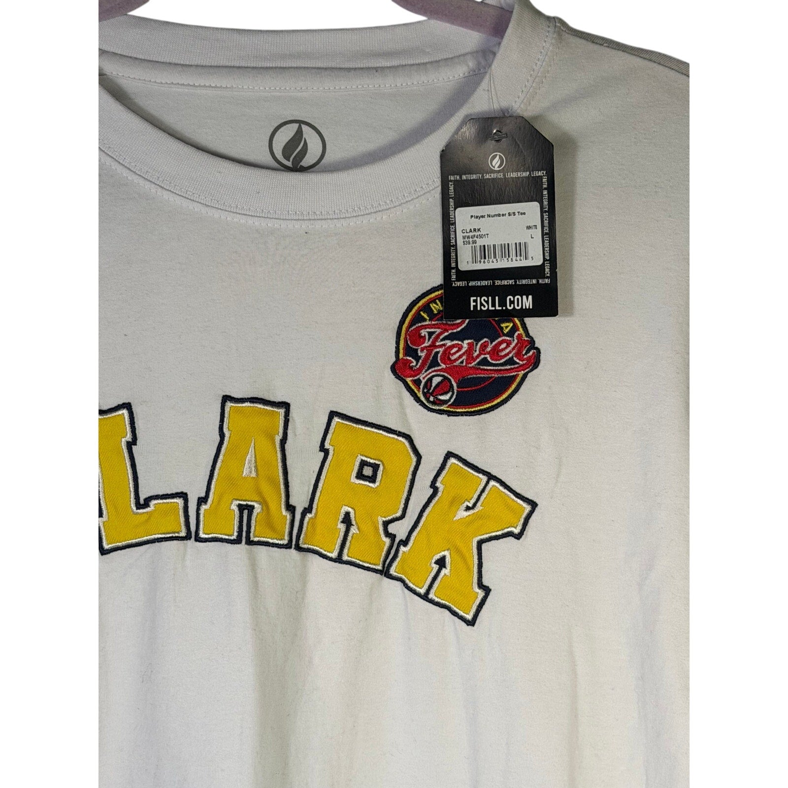 White FISLL Indiana Fever Caitlin Clark T-Shirt in size L, featuring team graphics and logo, new with tags