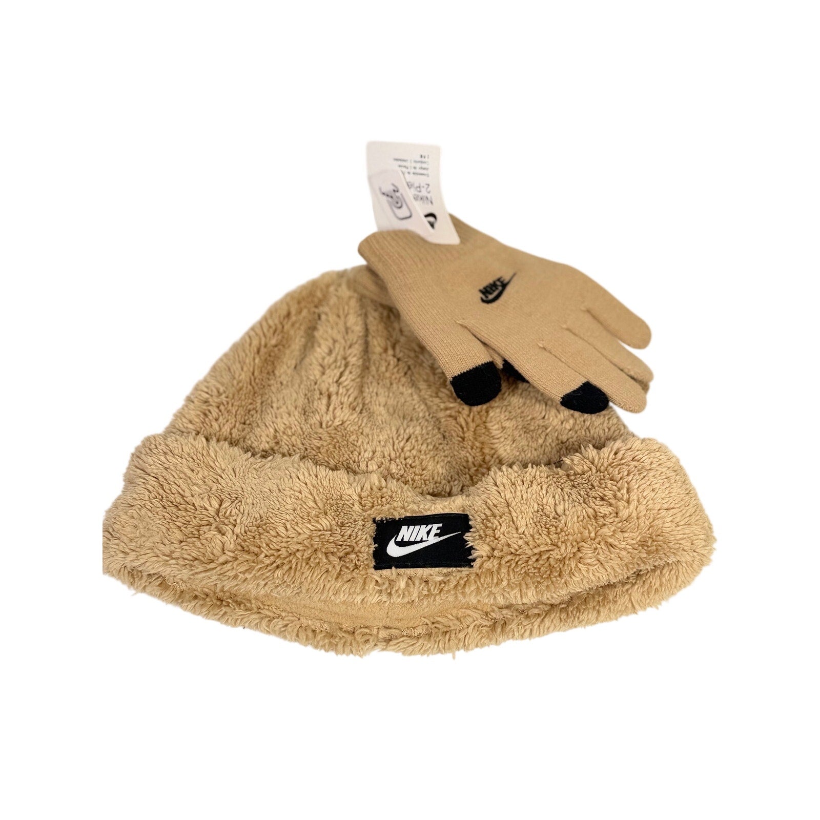 Nike tan sherpa neck warmer and touchscreen gloves 2-piece set, featuring a cozy hat and warm accessories for cold weather.