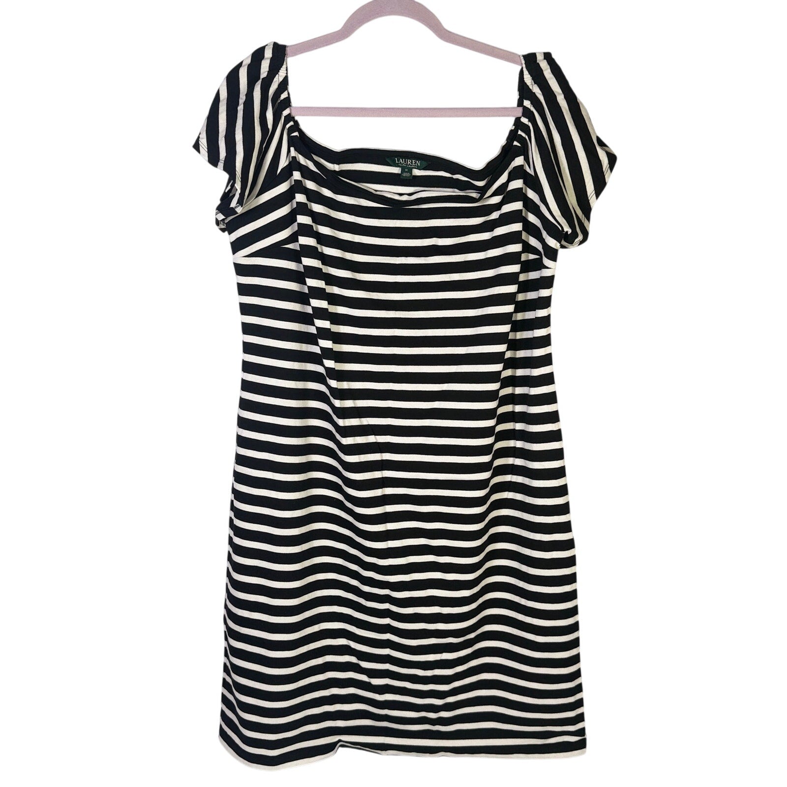 Lauren Ralph Lauren women's striped flutter sleeve dress in black and white, size 1X, with a flowy, stylish design.