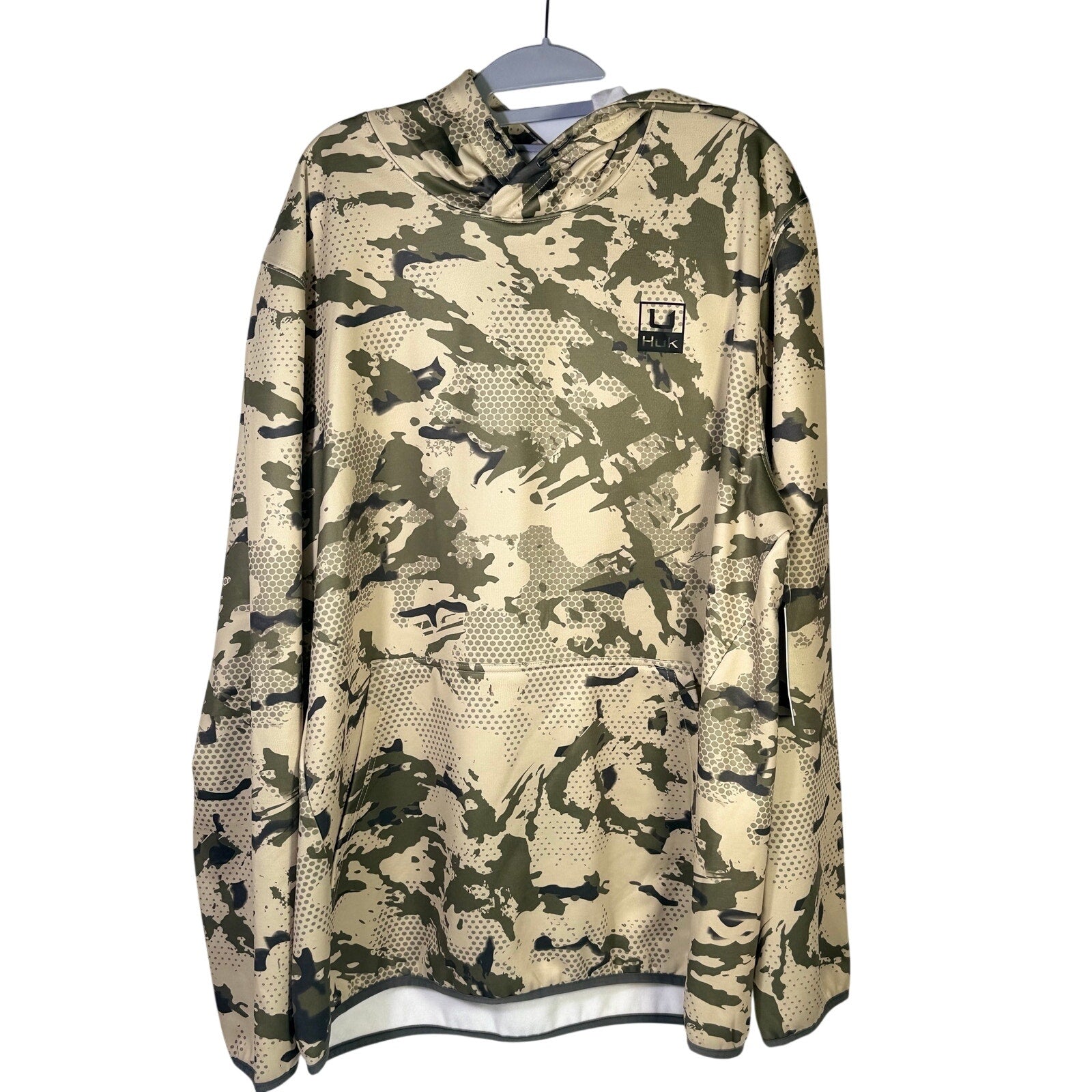 HUK men's cold front KC camo printed fishing hoodie, size XL, new with tags, featuring camouflage pattern and front pocket.