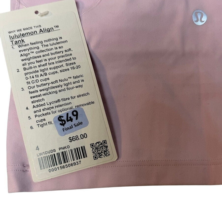 Lululemon Align™ tank top for women in size 4, pink color, lightweight and comfortable fit, soft fabric, image shows front view.