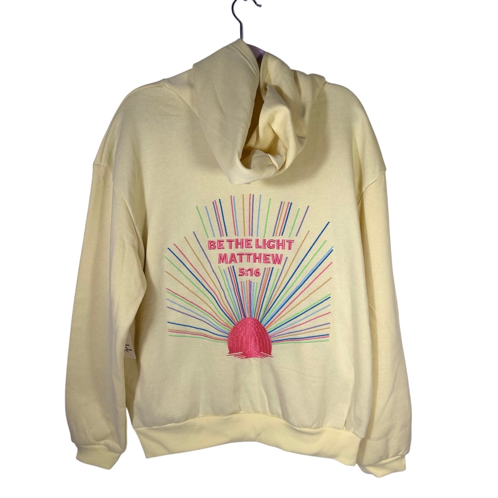 Yellow Faded Rose Christian hoodie with "Be The Light" Matthew 5:16 quote, size large, casual hoodie for faith-inspired wear
