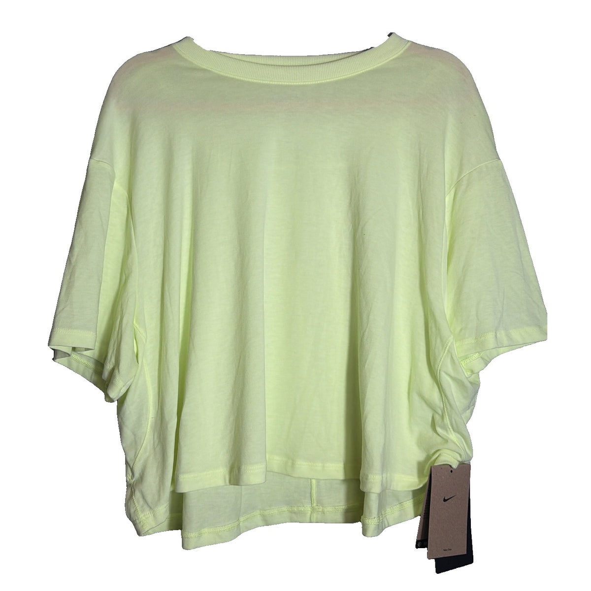 Nike women's neon yellow loose fit cropped training T-shirt, short-sleeve, XL size, casual athletic wear, front view